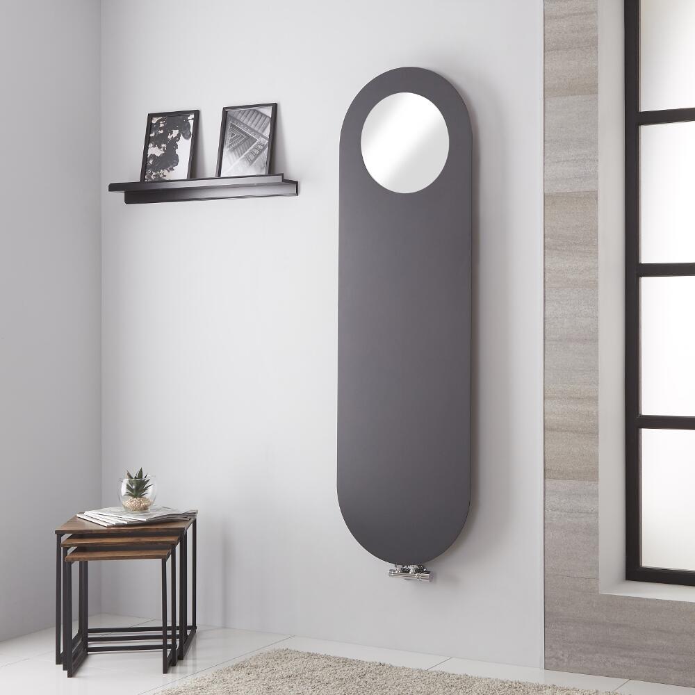 Radiador de Diseño Vertical - Panel Plano con Espejo - Conexión Central - Antracita - 1595mm x 490mm - 729 Vatios – Vulcano