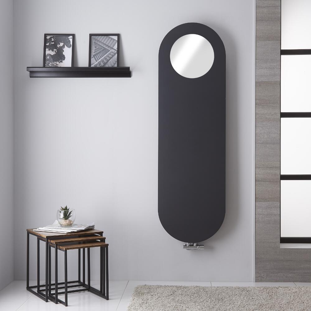 Radiador de Diseño Vertical - Panel Plano con Espejo - Conexión Central - Antracita - 1595mm x 490mm - 729 Vatios – Vulcano