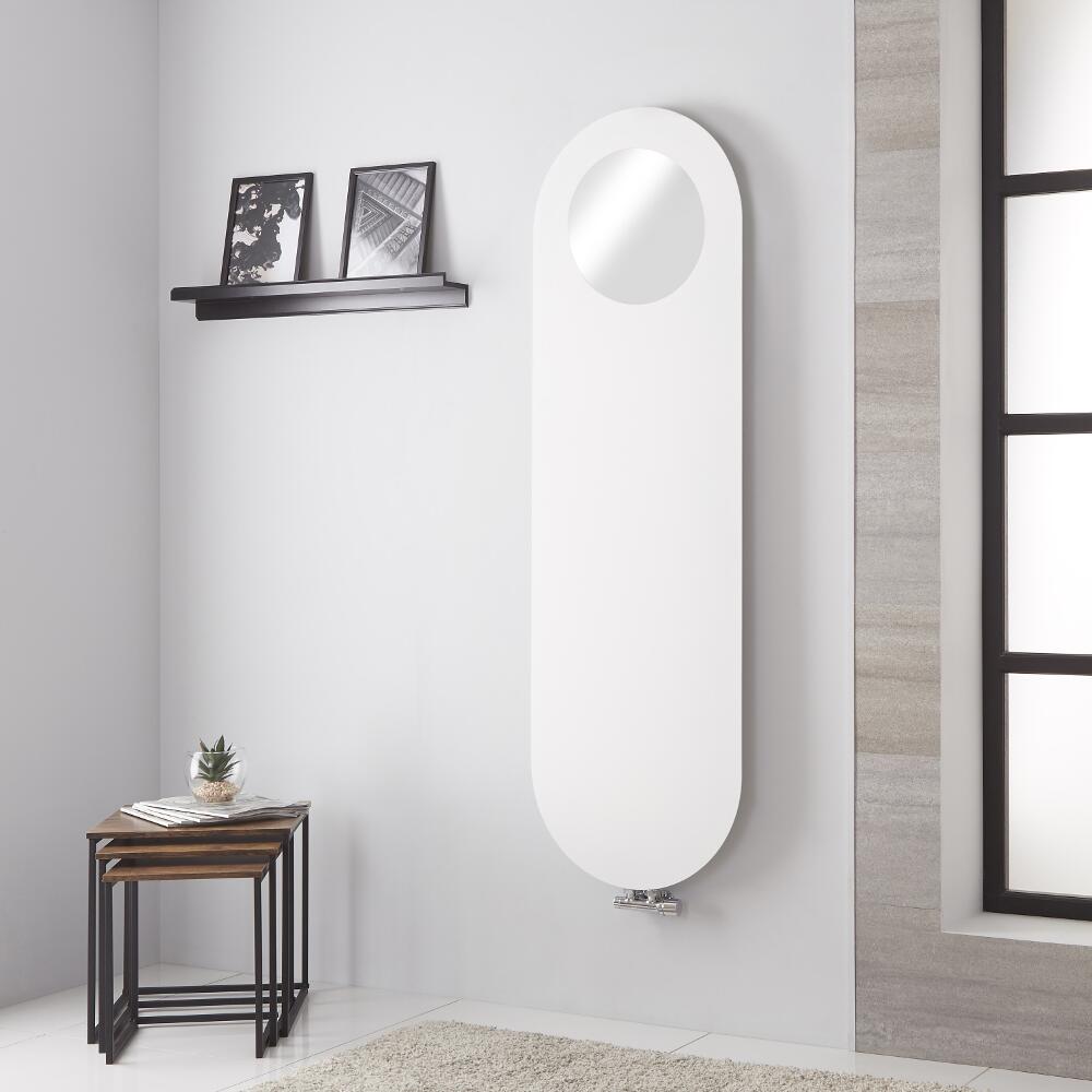 Radiador de Diseño Vertical - Panel Plano con Espejo - Conexión Central - Blanco Mineral - 1595mm x 490mm - 729 Vatios – Vulcano