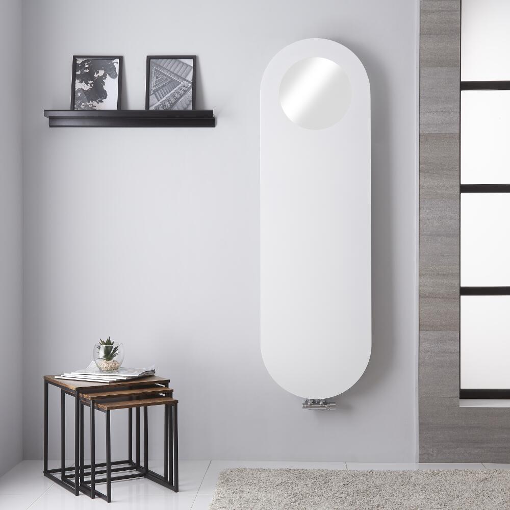 Radiador de Diseño Vertical - Panel Plano con Espejo - Conexión Central - Blanco Mineral - 1595mm x 490mm - 729 Vatios – Vulcano
