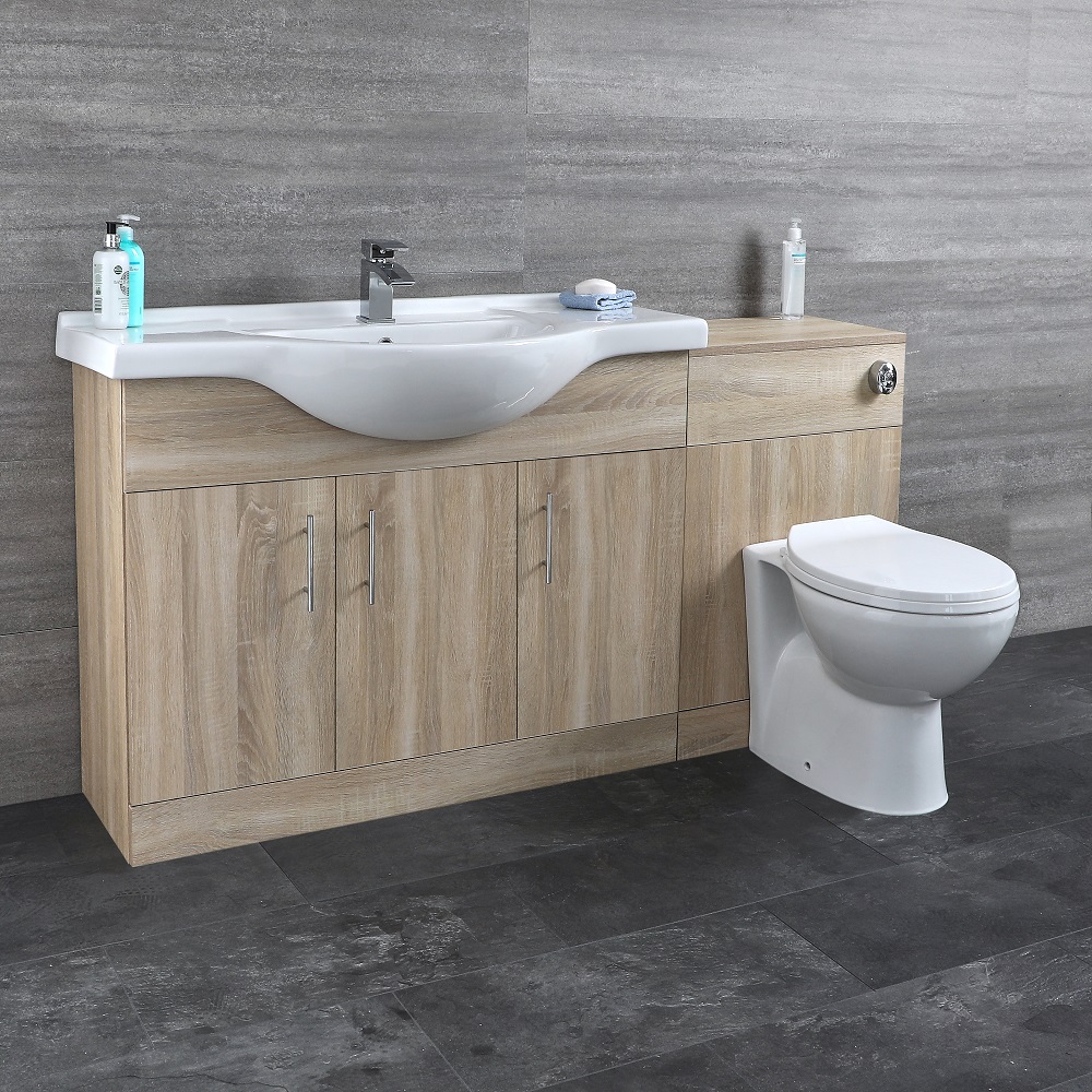Mueble de Lavabo de 2 Puertas y Efecto Roble con Inodoro Integrado 1532x835x850mm para Cuarto de Baño - Classic Oak
