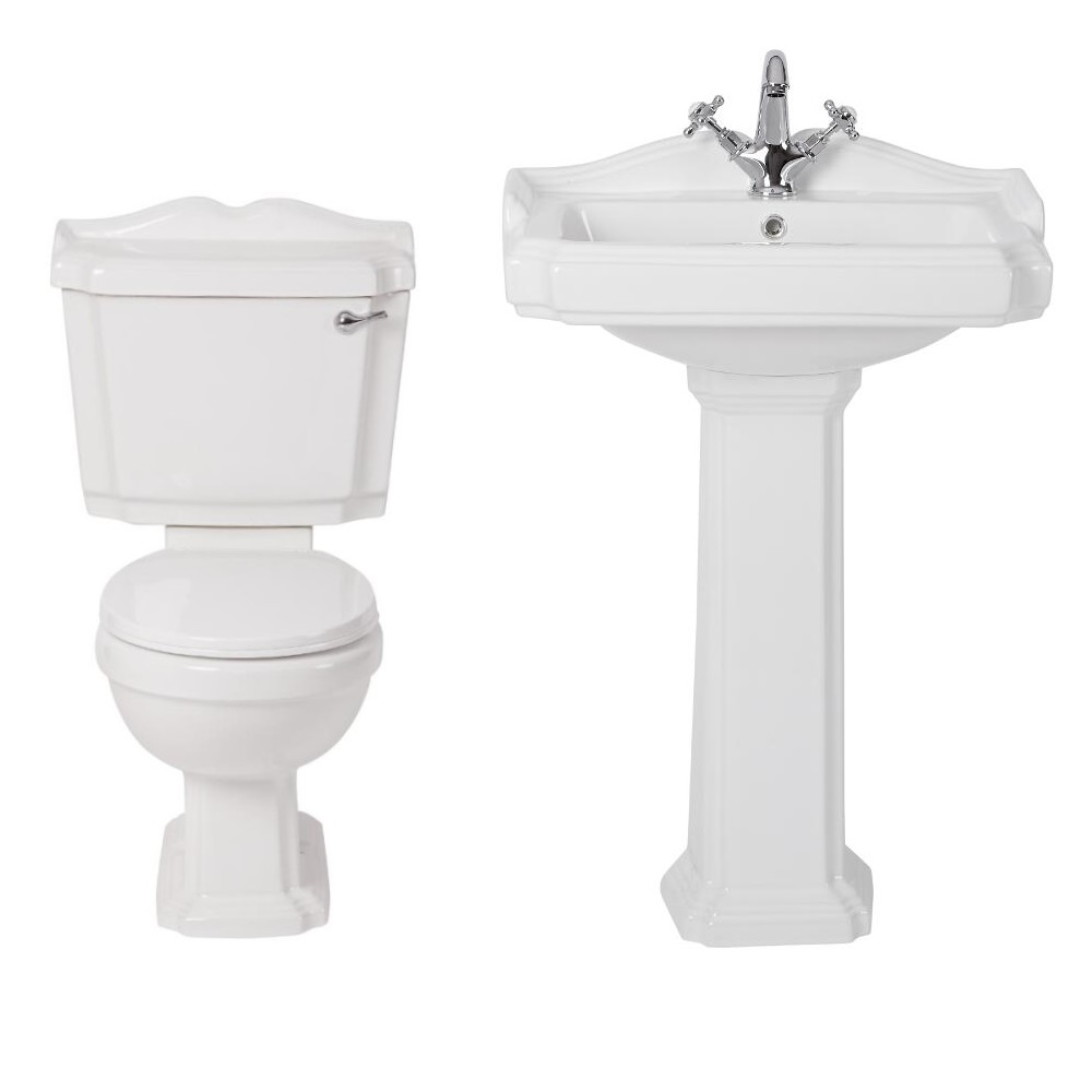Conjunto de Baño Clásico con Inodoro WC, Cisterna, Lavabo Monoforo y Pedestal de Cerámica Blanca con Tapa de WC - Oxford