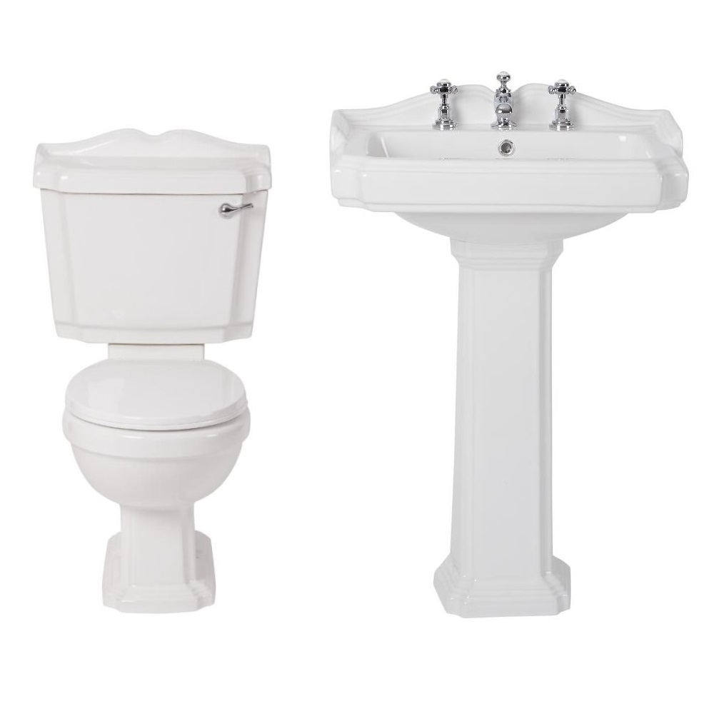 Conjunto de Baño Clásico con Inodoro WC, Cisterna, Lavabo para Grifería de 3 Agujeros y Pedestal de Cerámica Blanca con Tapa de WC - Oxford