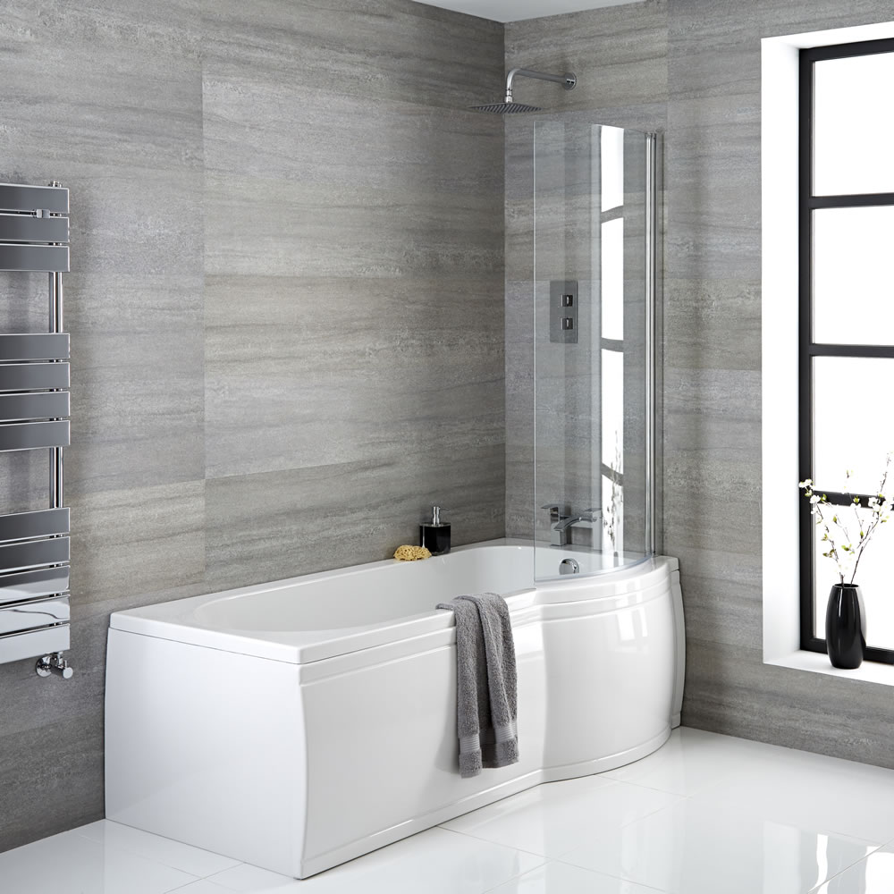 Conjunto con Bañera Asimétrica Curva, Faldones de Bañera 1675x850mm y Mampara – Derecha