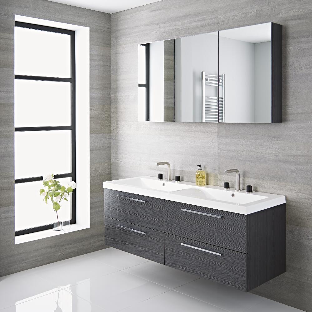 Mueble de Lavabo Suspendido Doble con Acabado Color Gris 1440x510x550mm con Lavabo Integrado - Langley