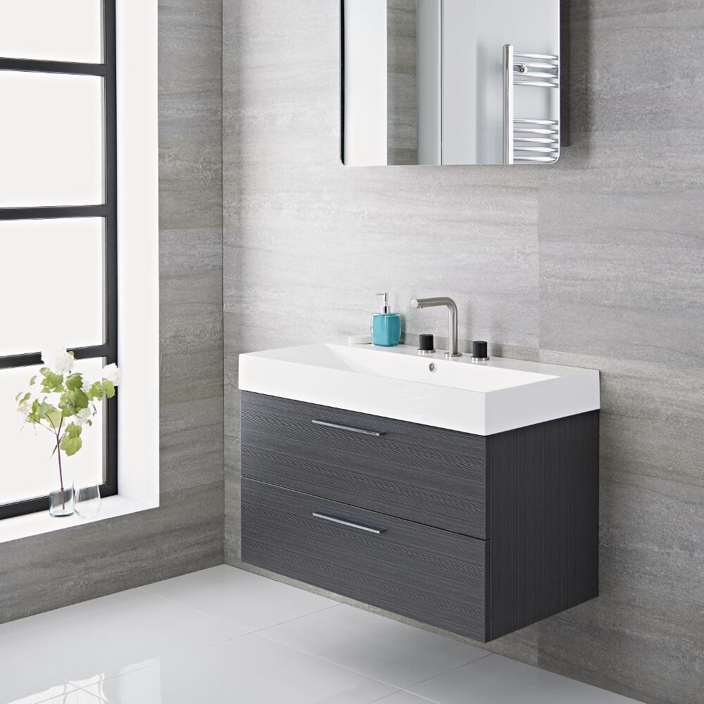 Mueble de Lavabo Suspendido con Acabado de Color Gris 900x480x600mm con Lavabo Integrado - Langley
