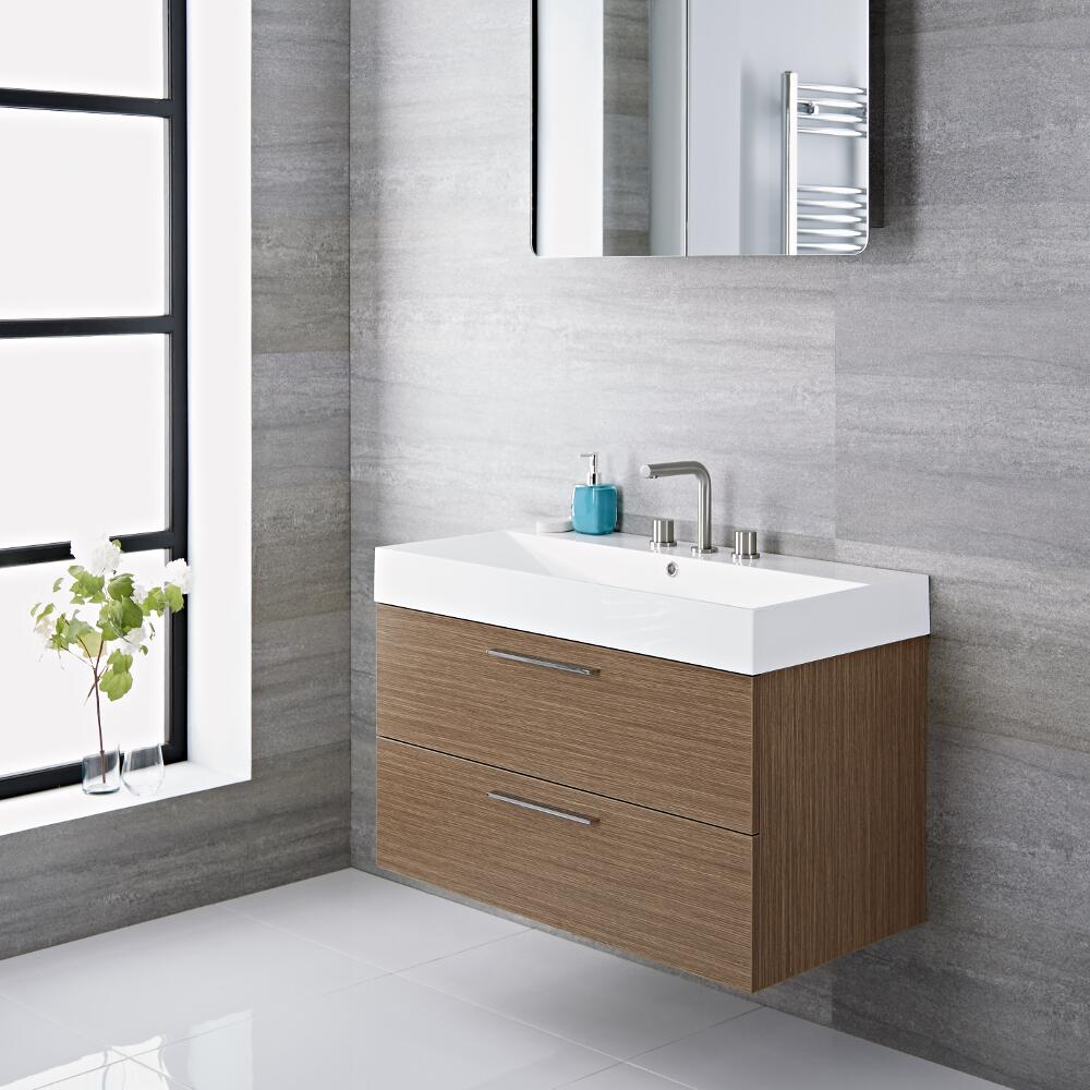 Mueble de Lavabo Suspendido con Acabado Color Efecto Roble 900x480x600mm con Lavabo Integrado - Langley