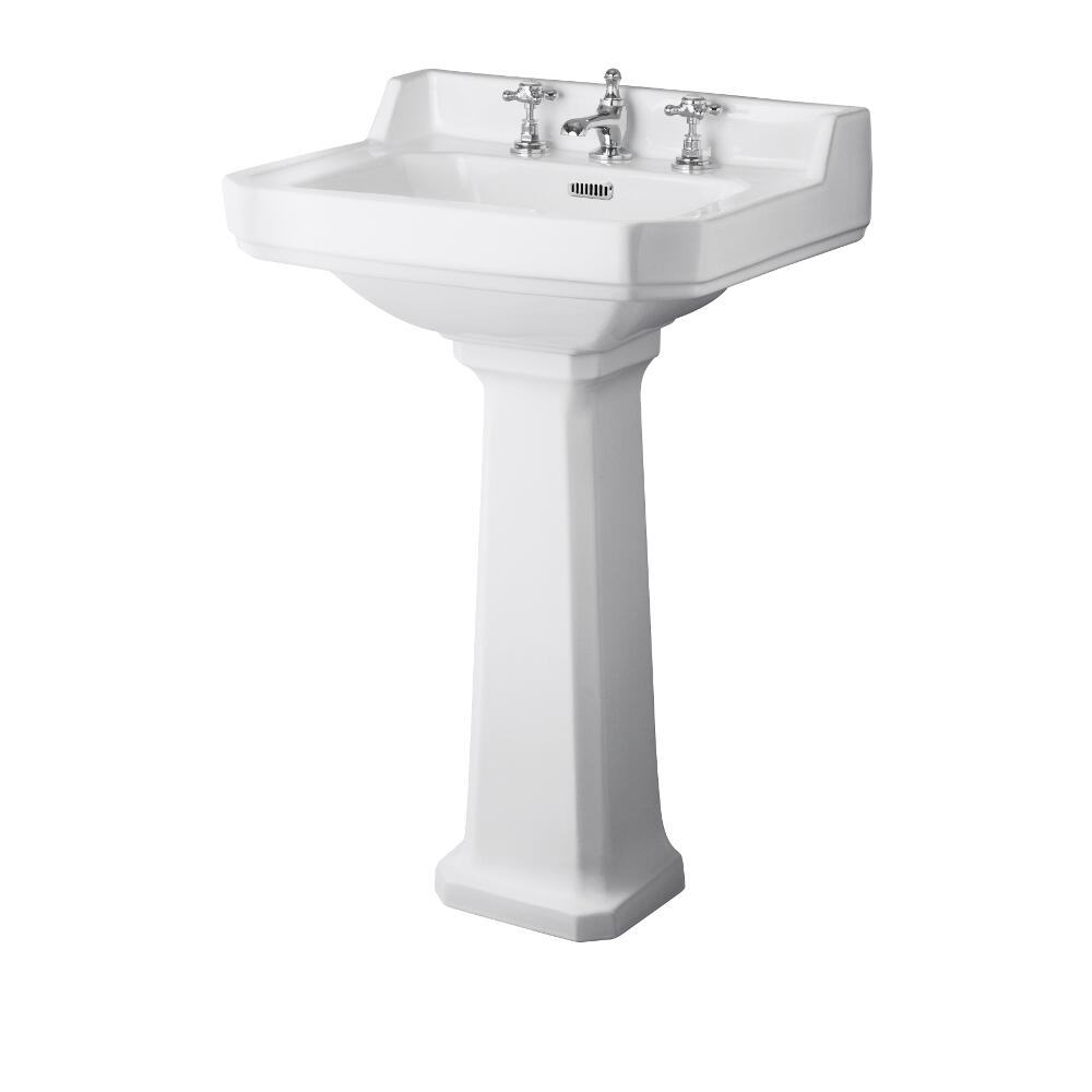 Lavabo Tradicional en Cerámica de 560mm con Pedestal y 3 Agujeros Para Grifería