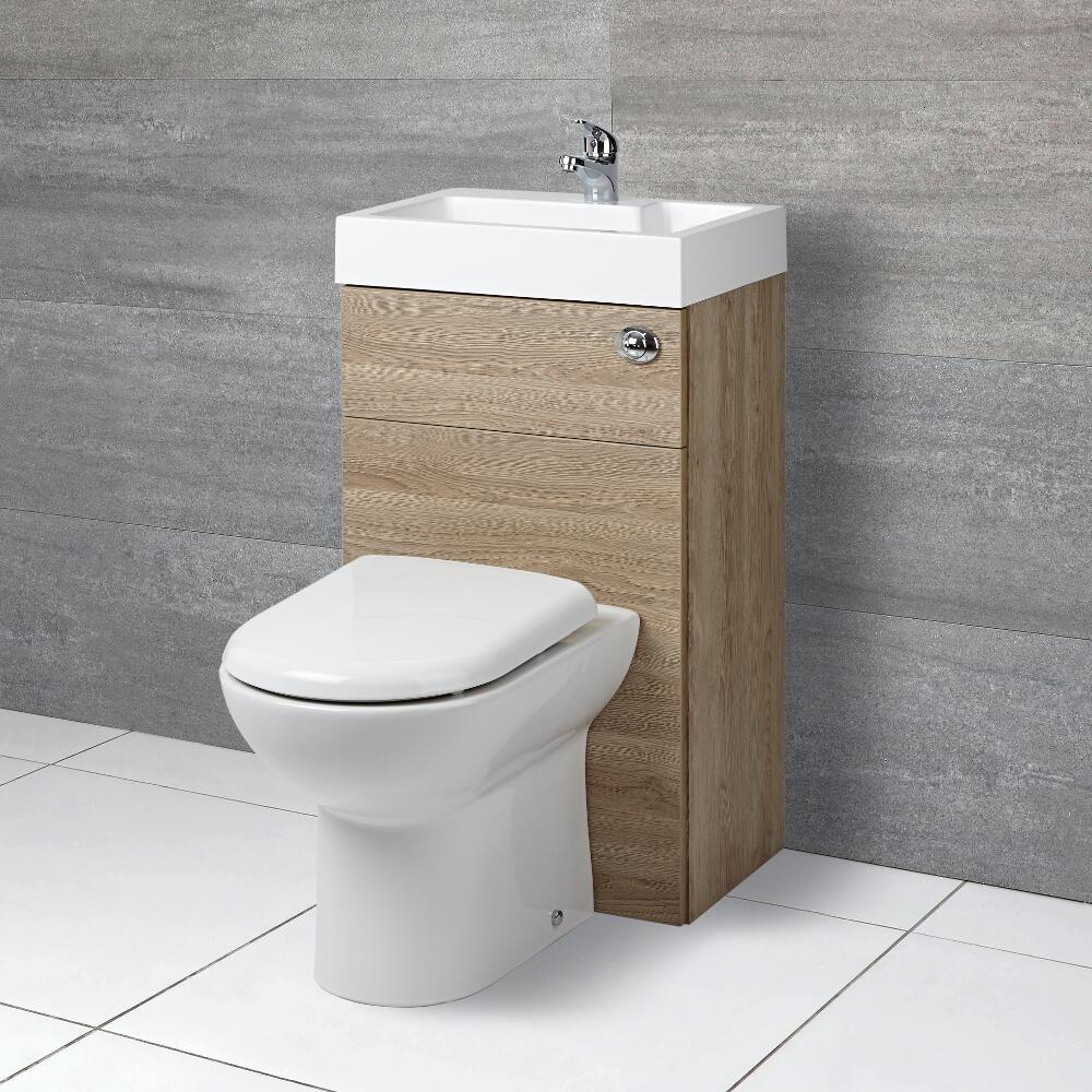 Conjunto con Inodoro y Lavabo Realizado de MDF y de Cerámica con Acabado de Color Roble