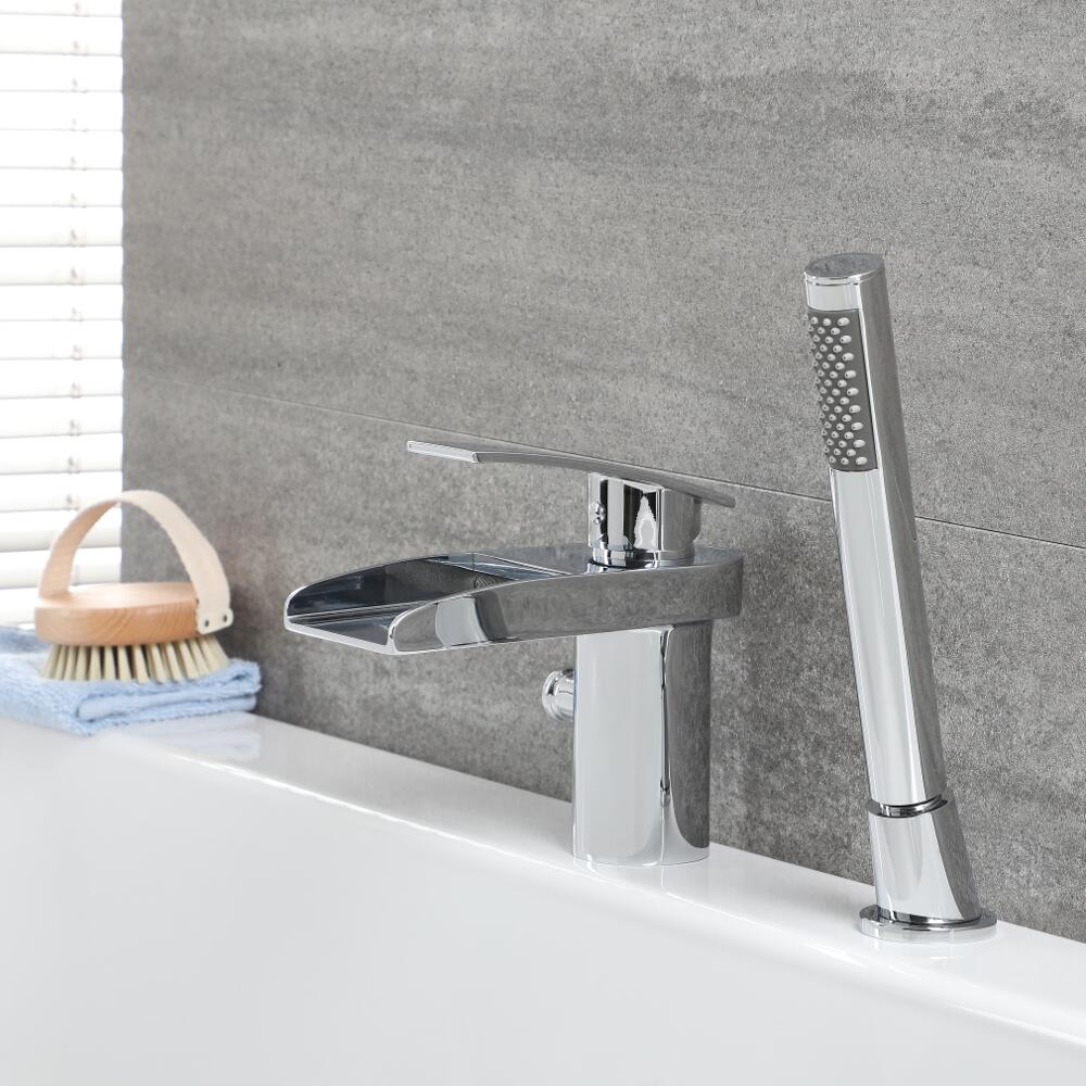 Grifo Mezclador de Lavabo y Bañera con Caño Abierto a Cascada con Ducha de Mano