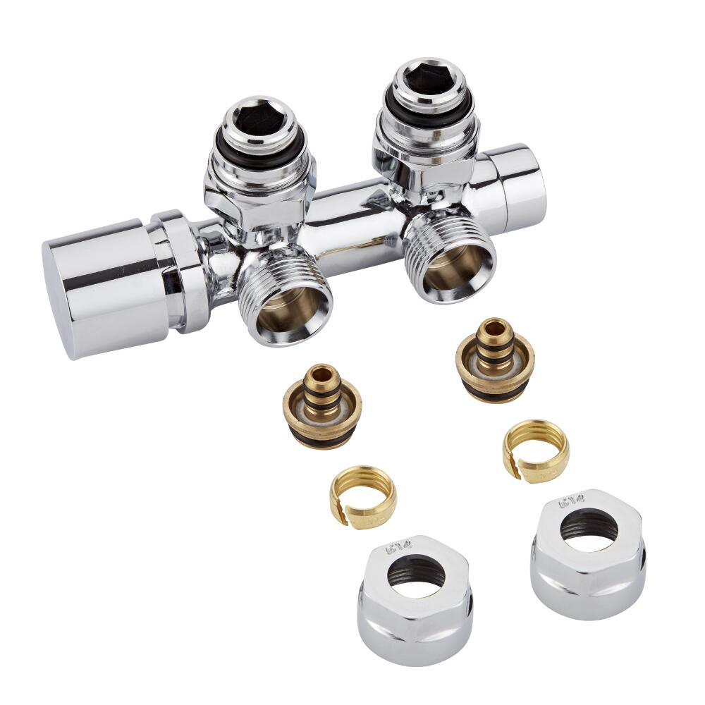 Llaves Angulares Cromadas para Radiador y Toallero de 3/4” con Adaptadores para Tubos de PEX o Multicapa de 14mm - Multiblock H