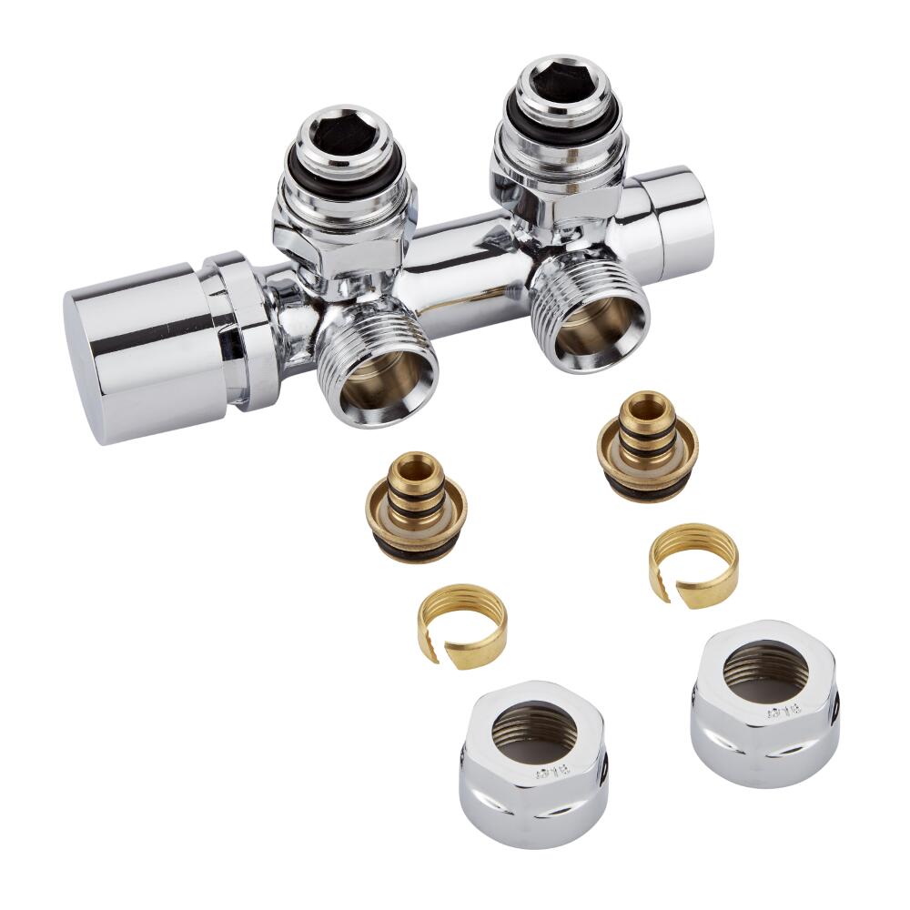 Llaves Angulares Cromadas para Radiador y Toallero de 3/4” con Adaptadores para Tubos Pex o Multicapa de 16mm - Multiblock H
