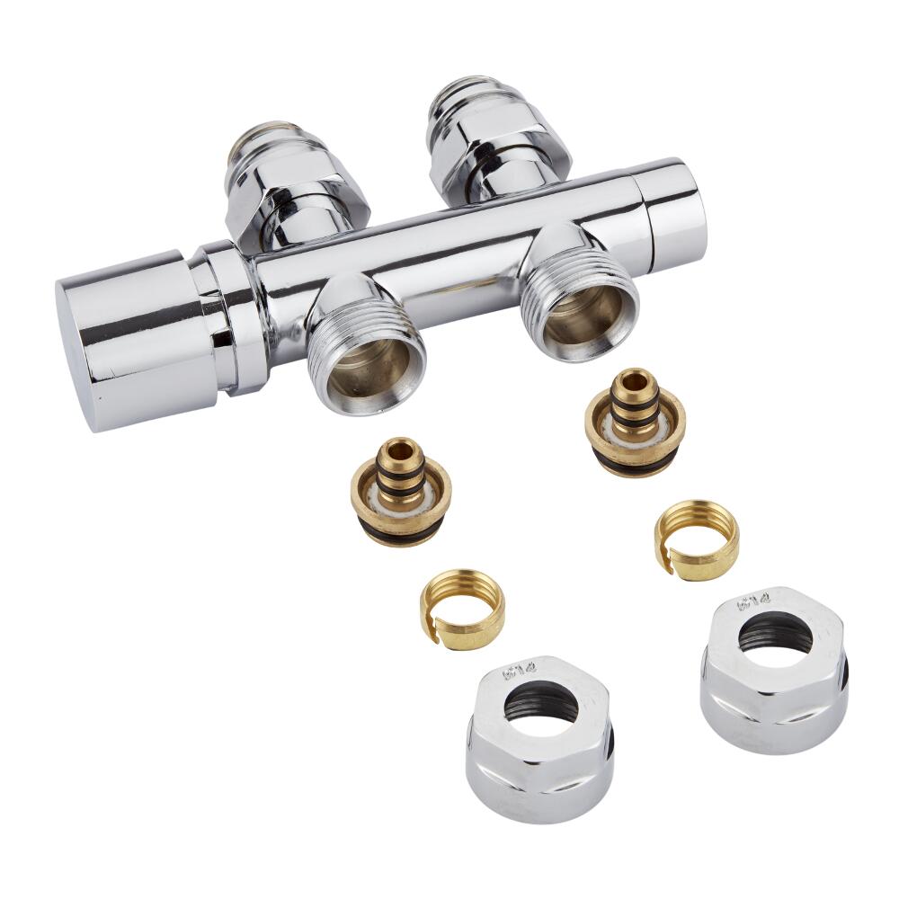 Llaves Rectas Cromadas para Radiador y Toallero de 3/4” con Adaptadores para Tubos Pex o Muticapa de 14mm - Multiblock H