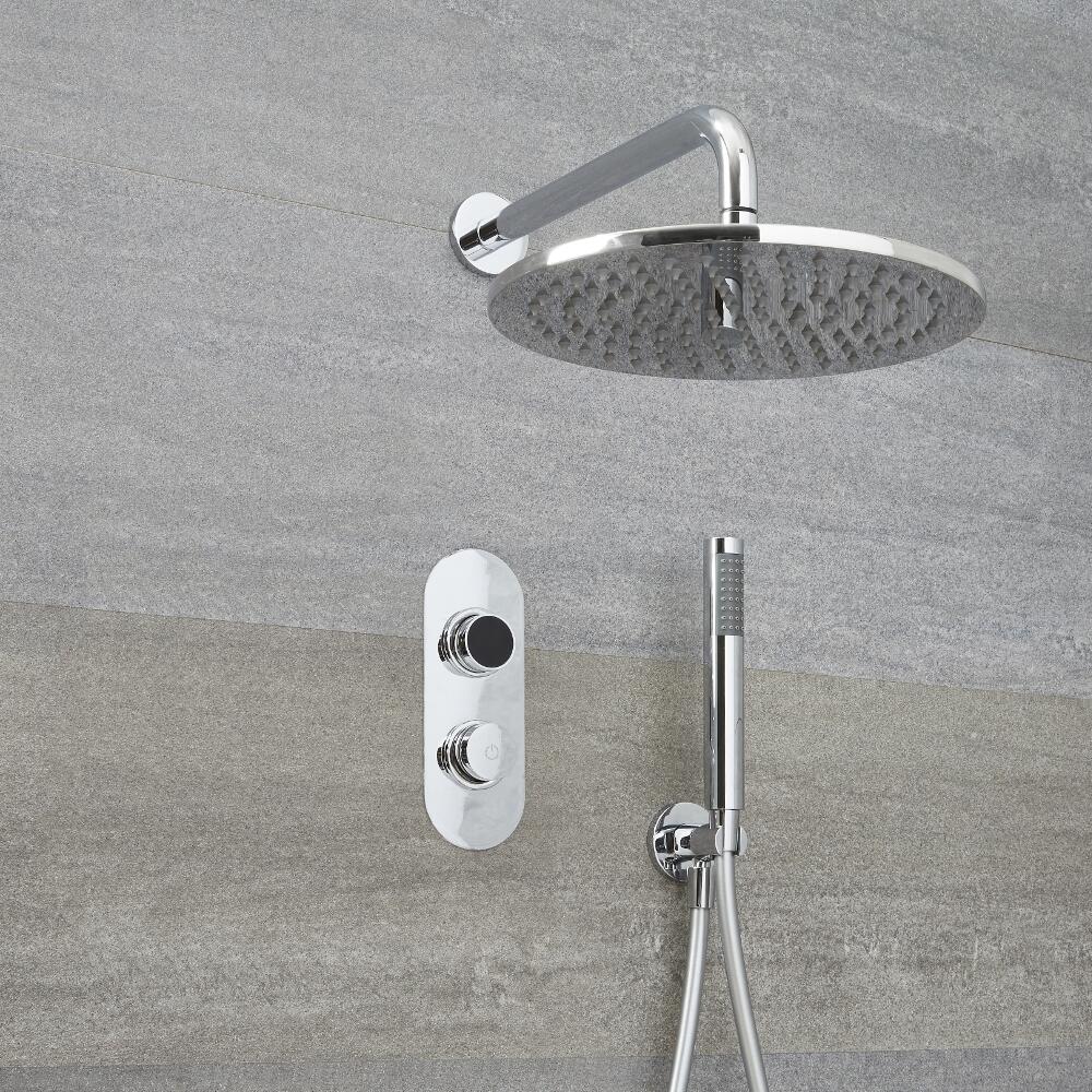 Ducha Digital con Sistema de Control de 2 Salidas con Alcachofa de Ducha Redonda de 300mm, Brazo Mural y Telefonillo de Ducha - Narus