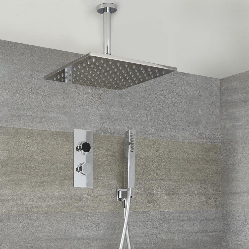 Ducha Digital con Sistema de Control de 2 Salidas con Alcachofa de Ducha Cuadrada de 400x400mm, Brazo de Techo y Telefonillo de Ducha - Narus
