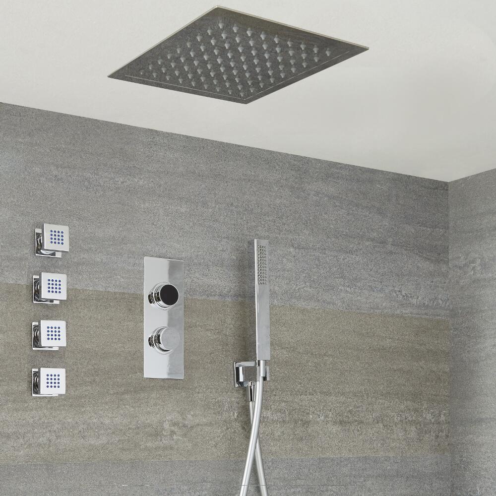 Ducha Digital con Sistema de Control de 3 Salidas con Alcachofa de Ducha Empotrable Cuadrada de 280x280mm, Telefonillo y Jets de Ducha - Narus