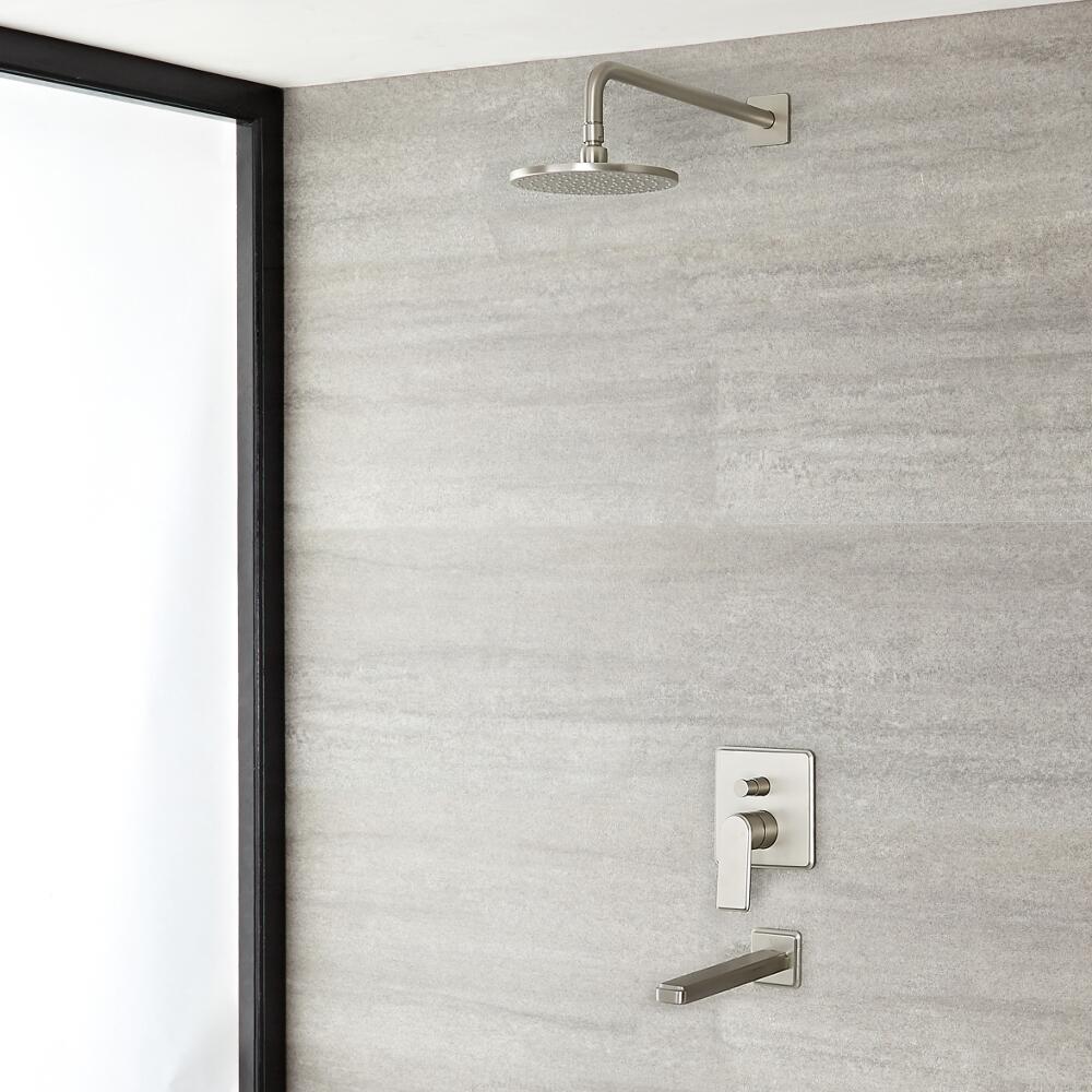 Conjunto de Ducha con Mezclador de Ducha Manual de 2 Funciones, Alcachofa Redonda de 200mm y Llenador de Bañera de Color Níquel Cepillado - Aldwick