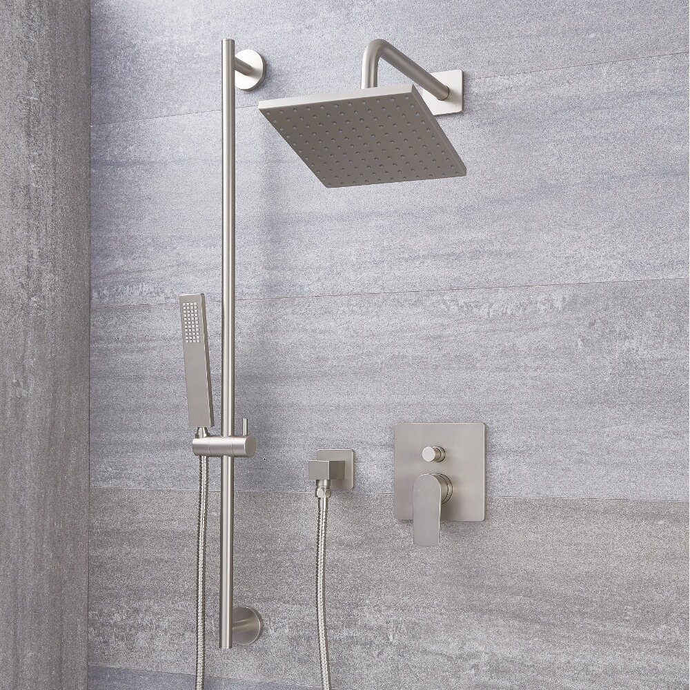 Conjunto de Ducha con Mezclador de Ducha Manual de 2 Funciones con Alcachofa de Ducha Cuadrada de 200mm y Barra de Ducha Deslizante Color Níquel Cepillado - Harting