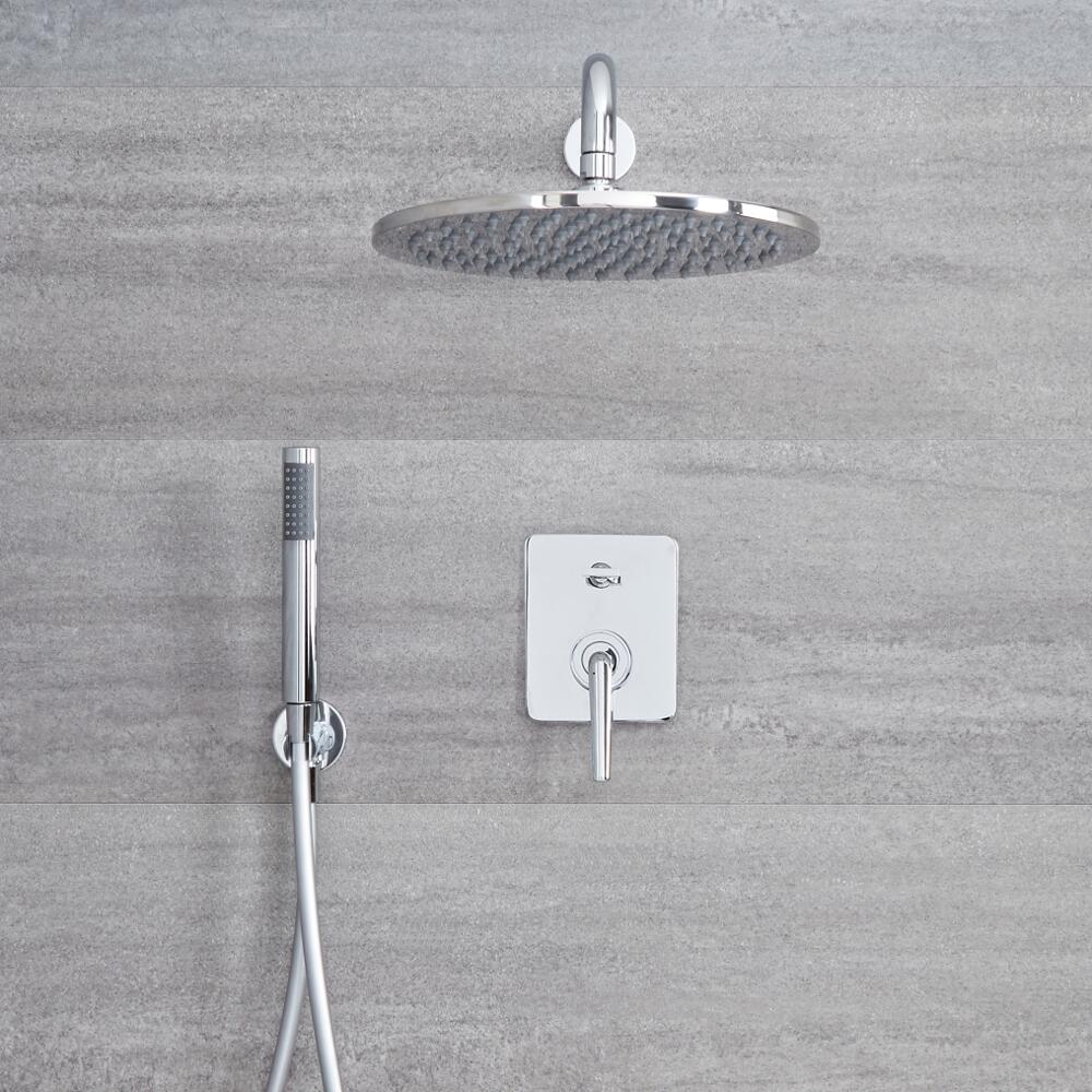 Conjunto de Ducha Cromado Empotrable Manual de 2 Funciones, Alcachofa de Ducha Redonda de 300mm y Ducha de Mano - Ora