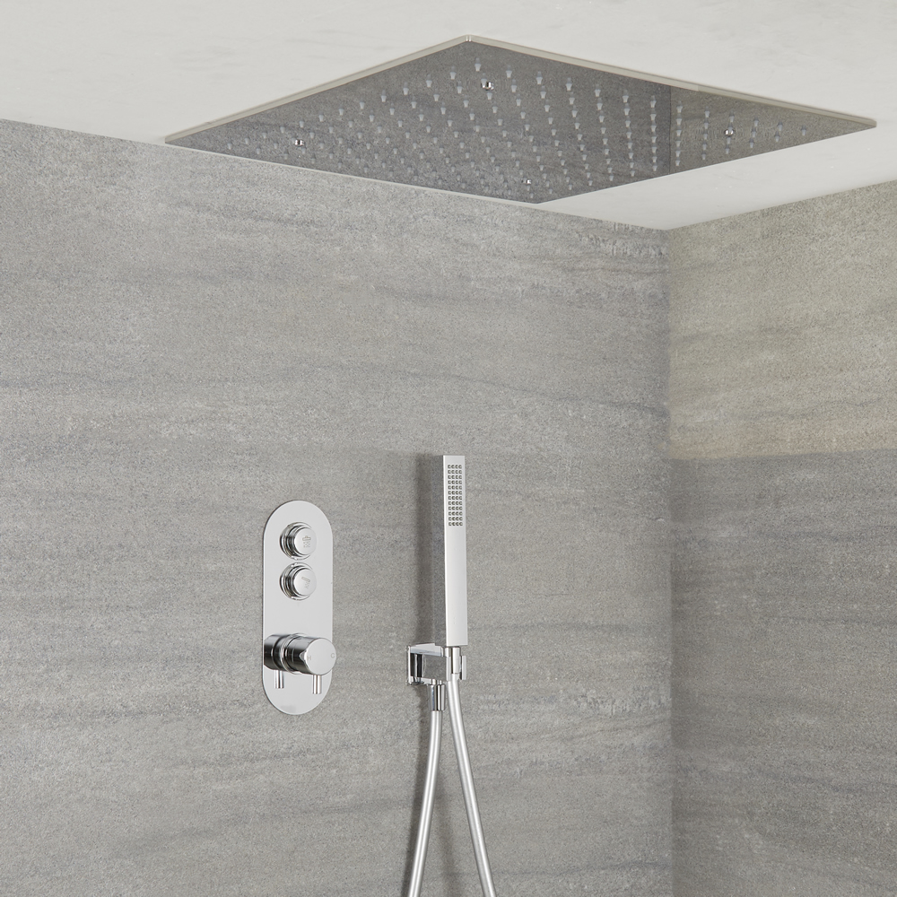 Conjunto de Ducha de 2 Salidas Completo con Mezclador de Ducha con Botones a Presión, Alcachofa de Ducha Cuadrada Empotrable de 500mm y Ducha de Mano - Idro