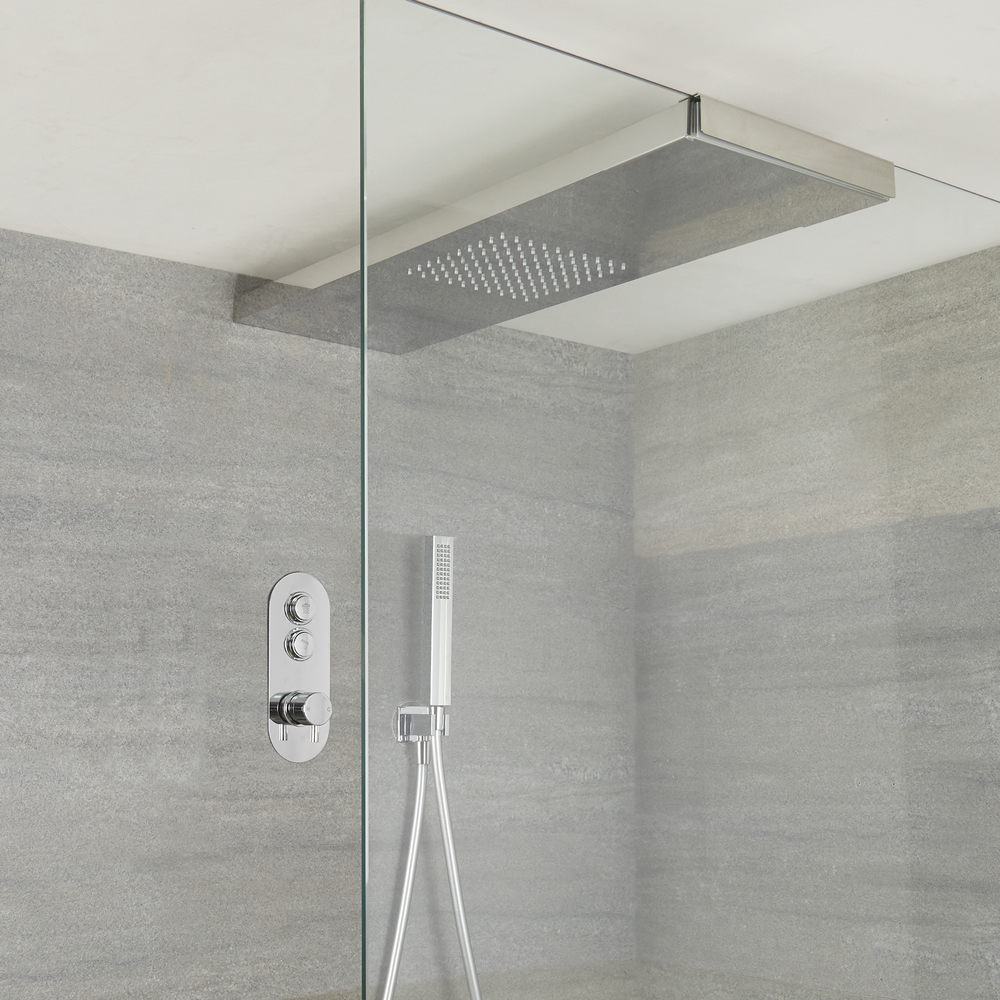 Conjunto de Ducha de 2 Salidas Completo con Mezclador de Ducha con Botones a Presión, Alcachofa de Ducha con Brazo de Soporte para Mampara 800x250mm y Ducha de Mano - Idro