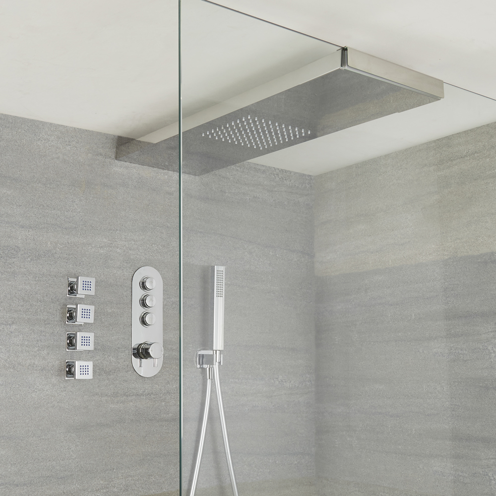 Conjunto de Ducha de 3 Salidas Completo con Mezclador de Ducha con Botones a Presión, Alcachofa de con Soporte de Mampara 800x250mm, 4 Hidrojets Ducha de Mano - Idro