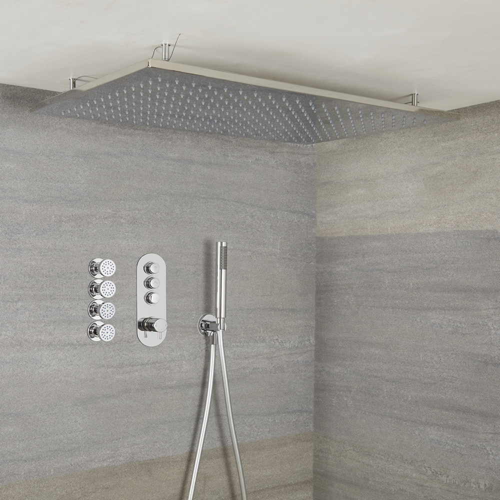 Conjunto de Ducha de 3 Salidas Completo con Mezclador de Ducha con Botones a Presión, Alcachofa de Ducha Empotrable de 800x500mm, Ducha de Mano y Jets de Ducha - Idro