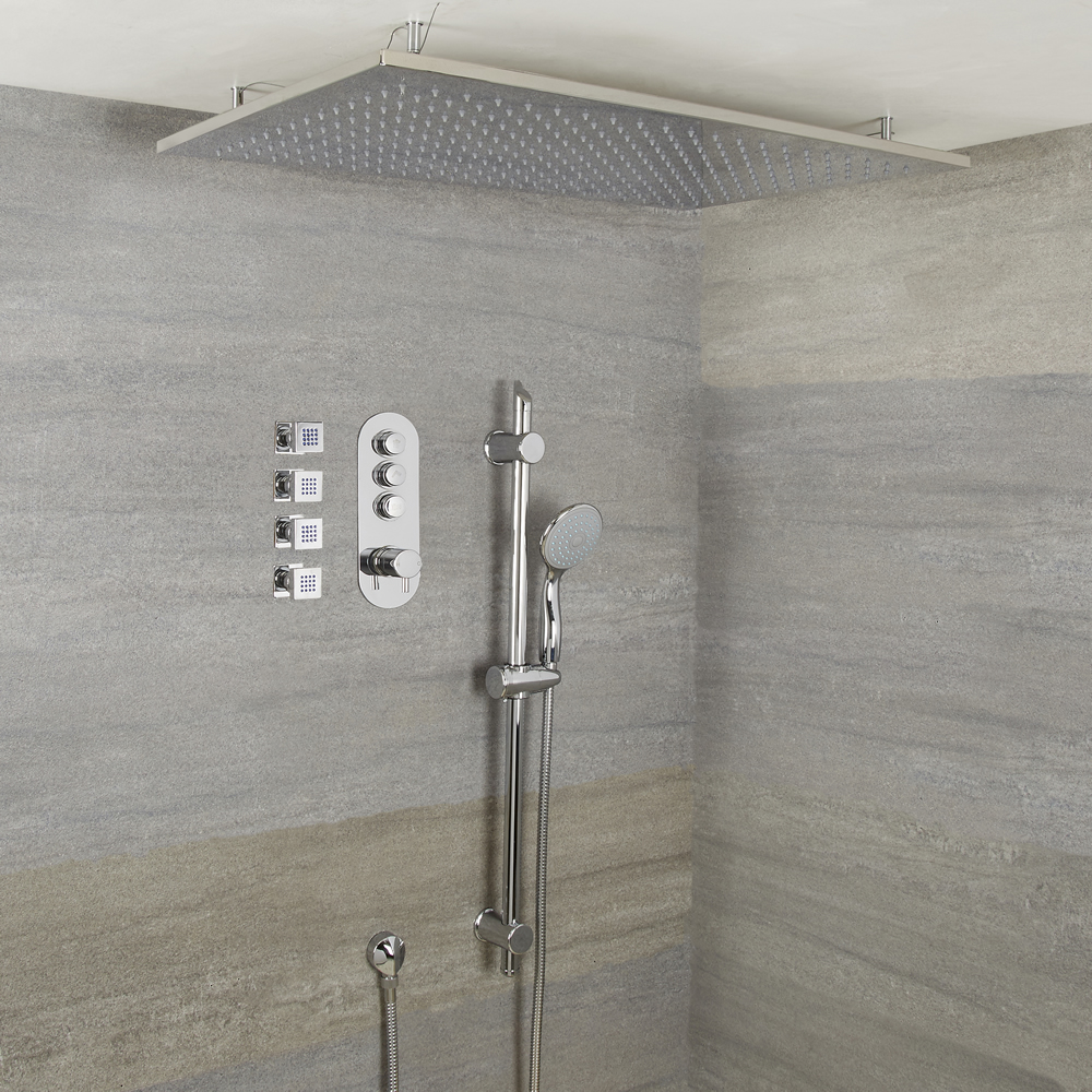 Conjunto de Ducha de 3 Salidas Completo con Mezclador de Ducha con Botones a Presión, Alcachofa de Ducha Empotrable de 800x500mm, 4 Jets de Ducha y Kit de Du con Telefonillo - Idro