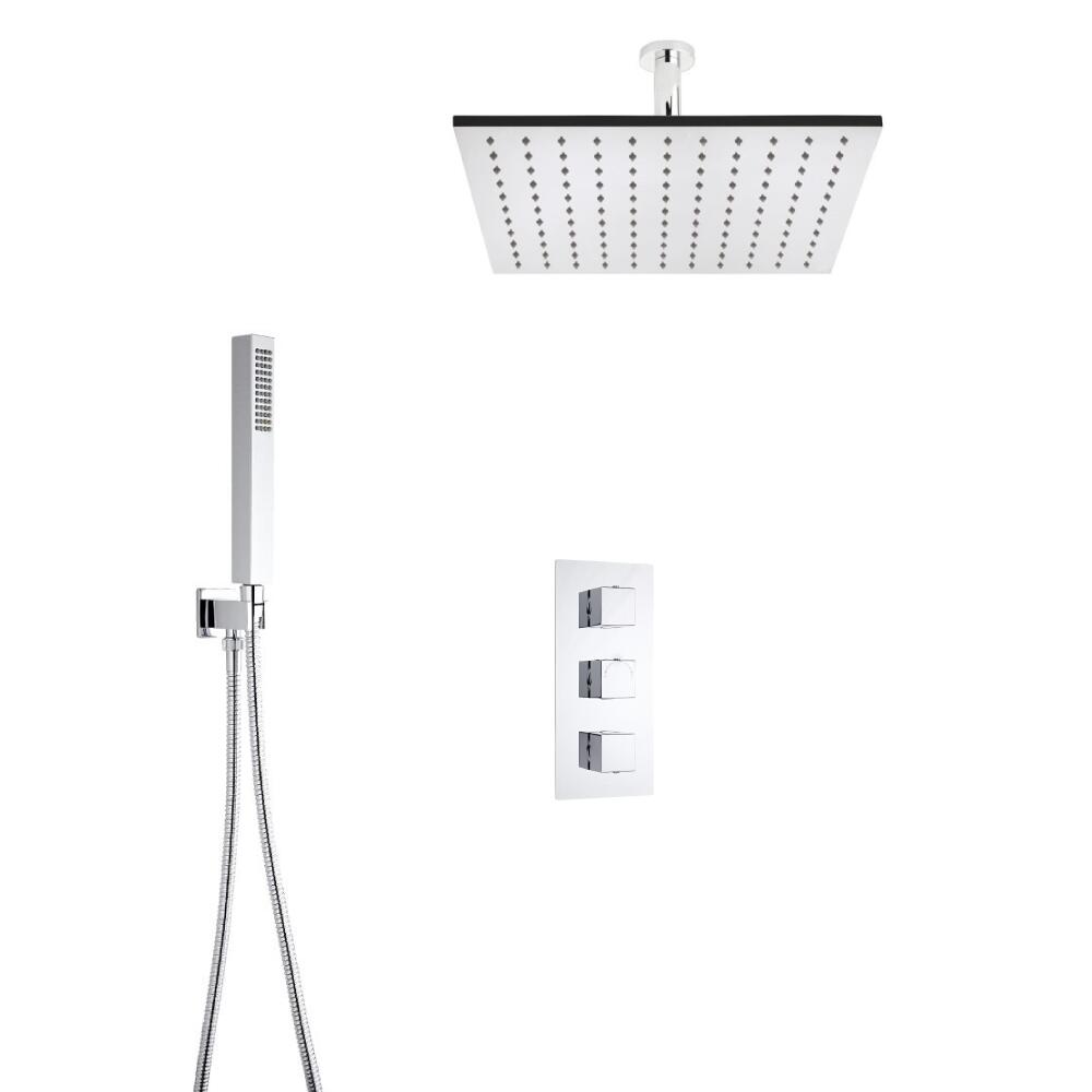 Conjunto de Ducha Termostático Triple de 2 Funciones con Alcachofa Cuadrada de 400mm, Brazo de Ducha de Techo y Ducha de Mano