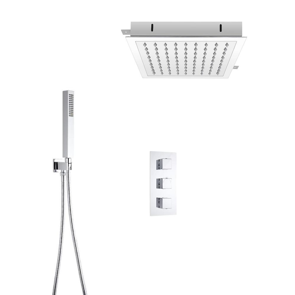 Conjunto de Ducha Termostático Triple de 2 Funciones con Alcachofa de Ducha Empotrable de 280mm y Ducha de Mano