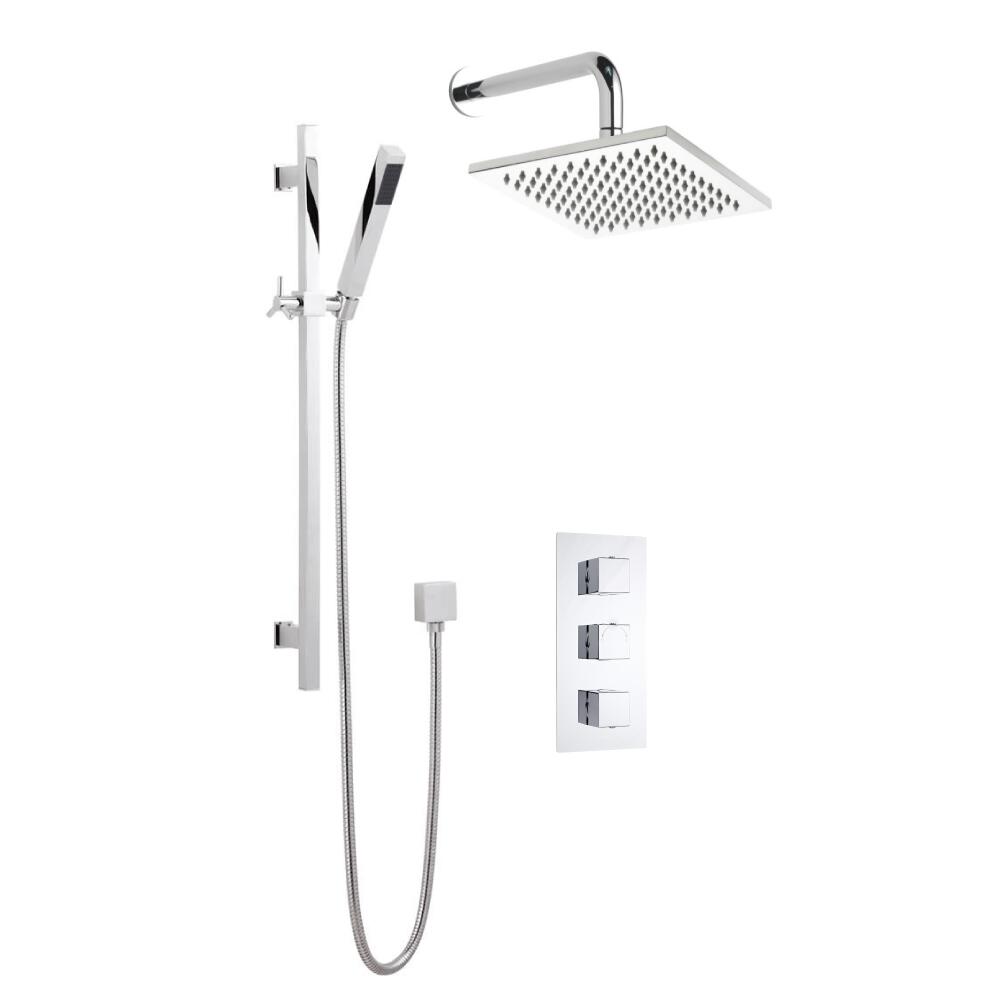 Conjunto de Ducha Termostático Triple de 2 Funciones con Alcachofa Empotrable de 200x200mm y Ducha de Mano
