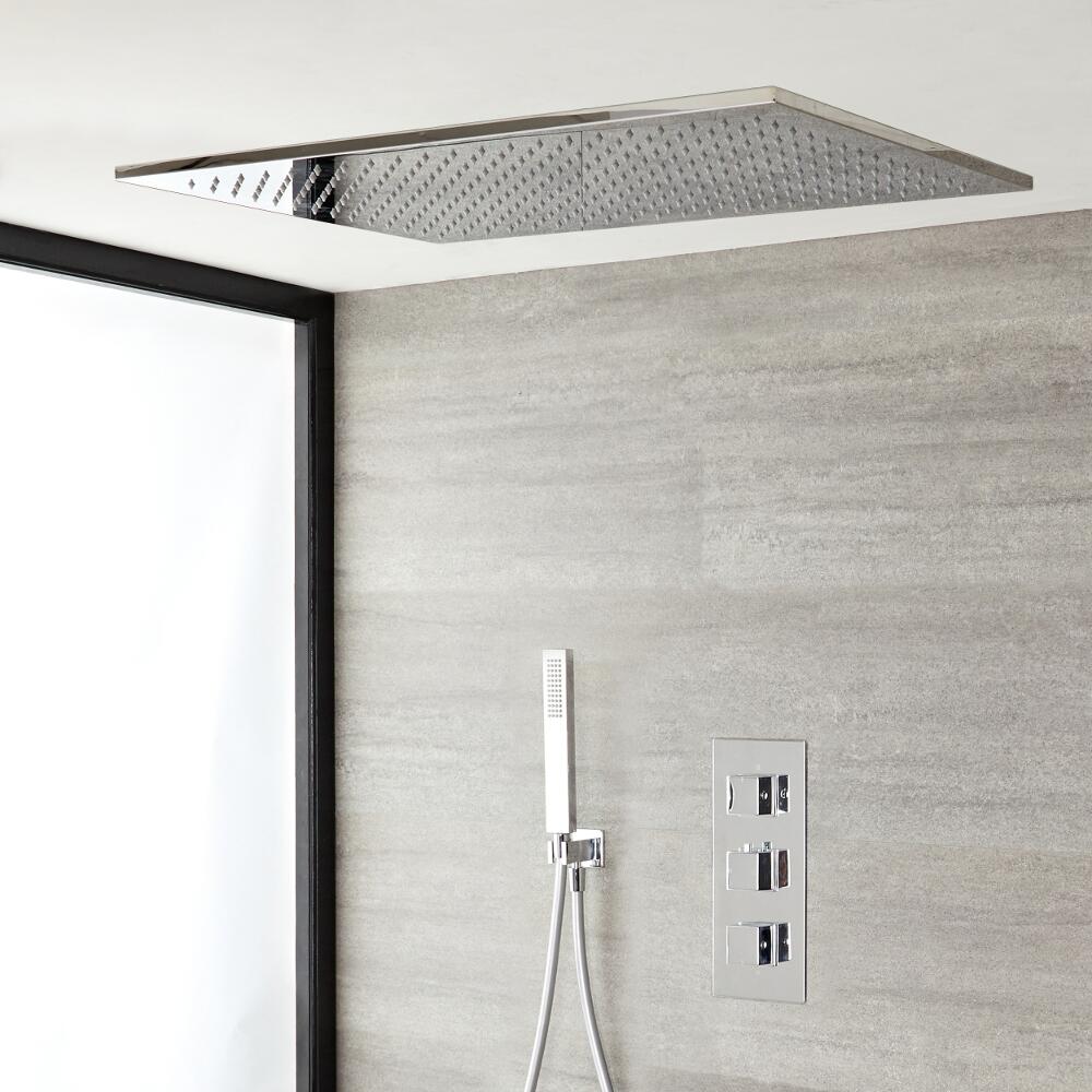 Conjunto de Ducha Termostático Triple de 2 Funciones con Alcachofa Empotrable de 800x500mm y Ducha de Mano