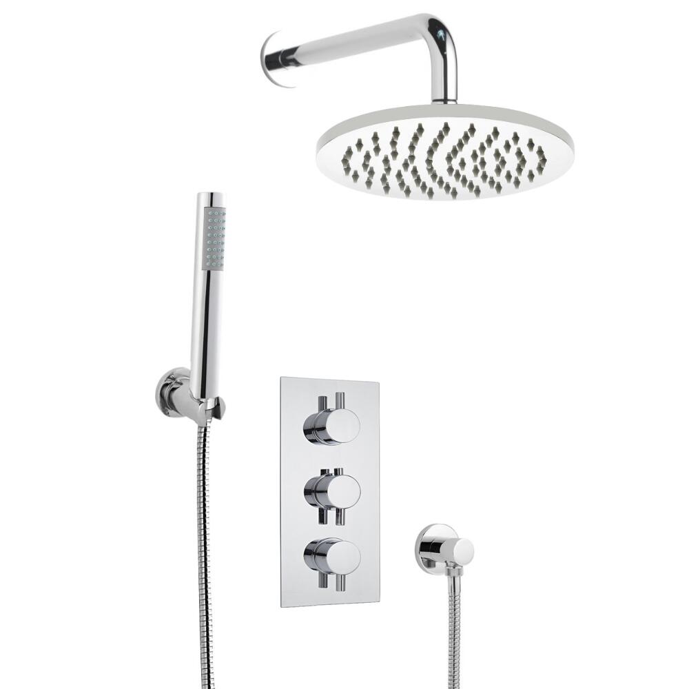 Conjunto de Ducha Termostático Redondo Triple de 2 Funciones con Alcachofa de Ducha, Brazo e Ducha Mural y Ducha de Mano