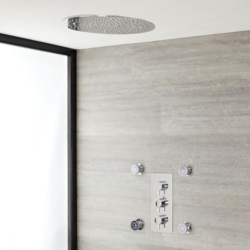 Conjunto de Ducha Termostático Redondo Triple de 2 Funciones con Alcachofa de 400mm Empotrable y Jets de Ducha