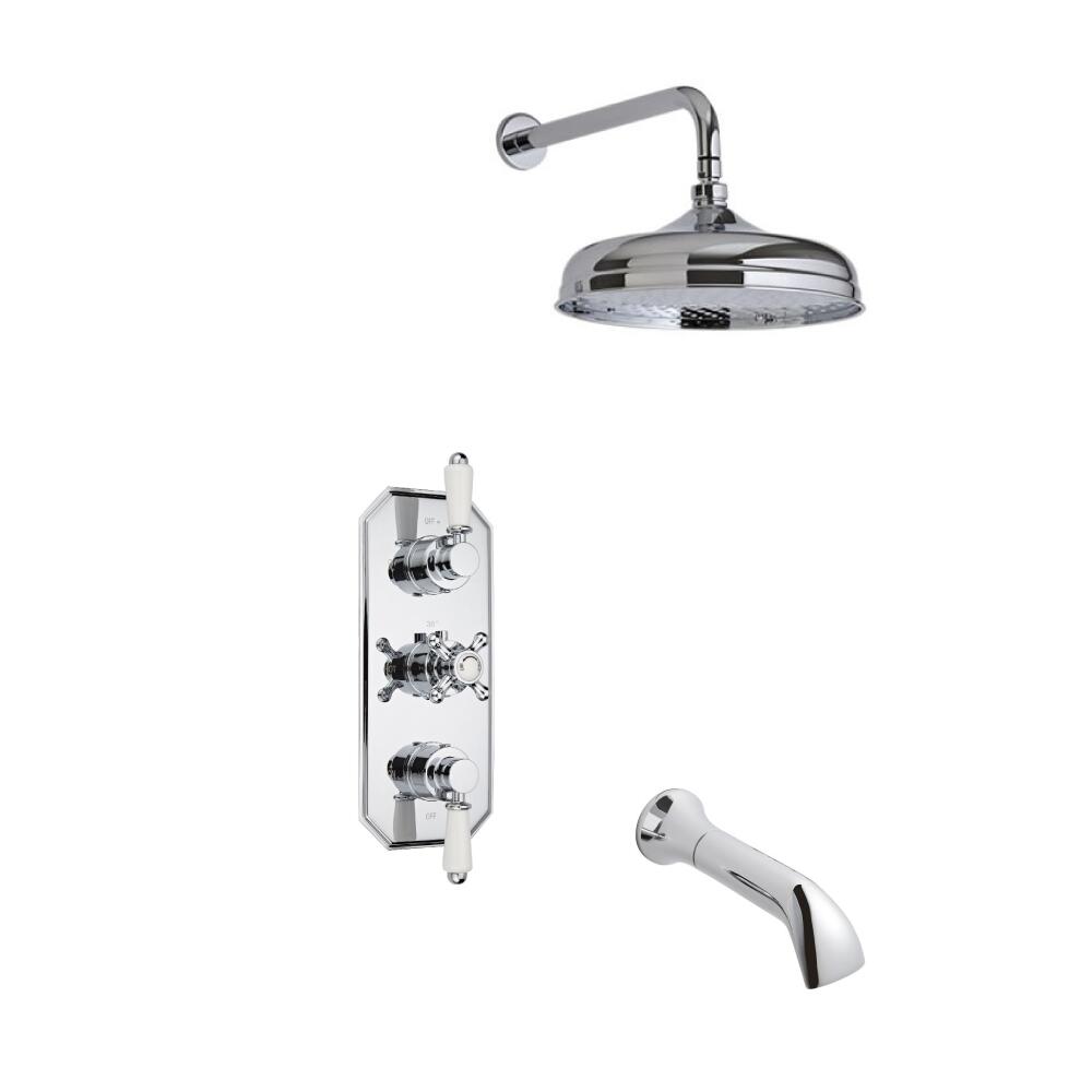 Conjunto de Ducha Termostático Tradicional Triple de 2 Funciones con Alcachofa de 150mm, Brazo de Ducha y Llenador de Bañera