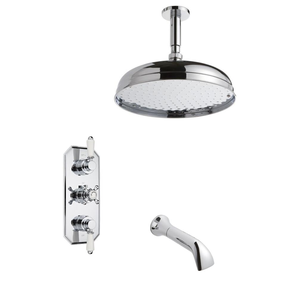 Conjunto de Ducha Termostático Tradicional Triple de 2 Funciones con Alcachofa de 300mm, Brazo de Ducha y Llenador de Bañera