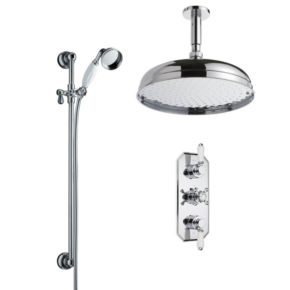 Conjunto de Ducha Termostático Tradicional Triple de 3 Funciones con Alcachofa de 300mm, Brazo de Ducha y Barra de Ducha Deslizante con Telefonillo y Llenador de Bañera