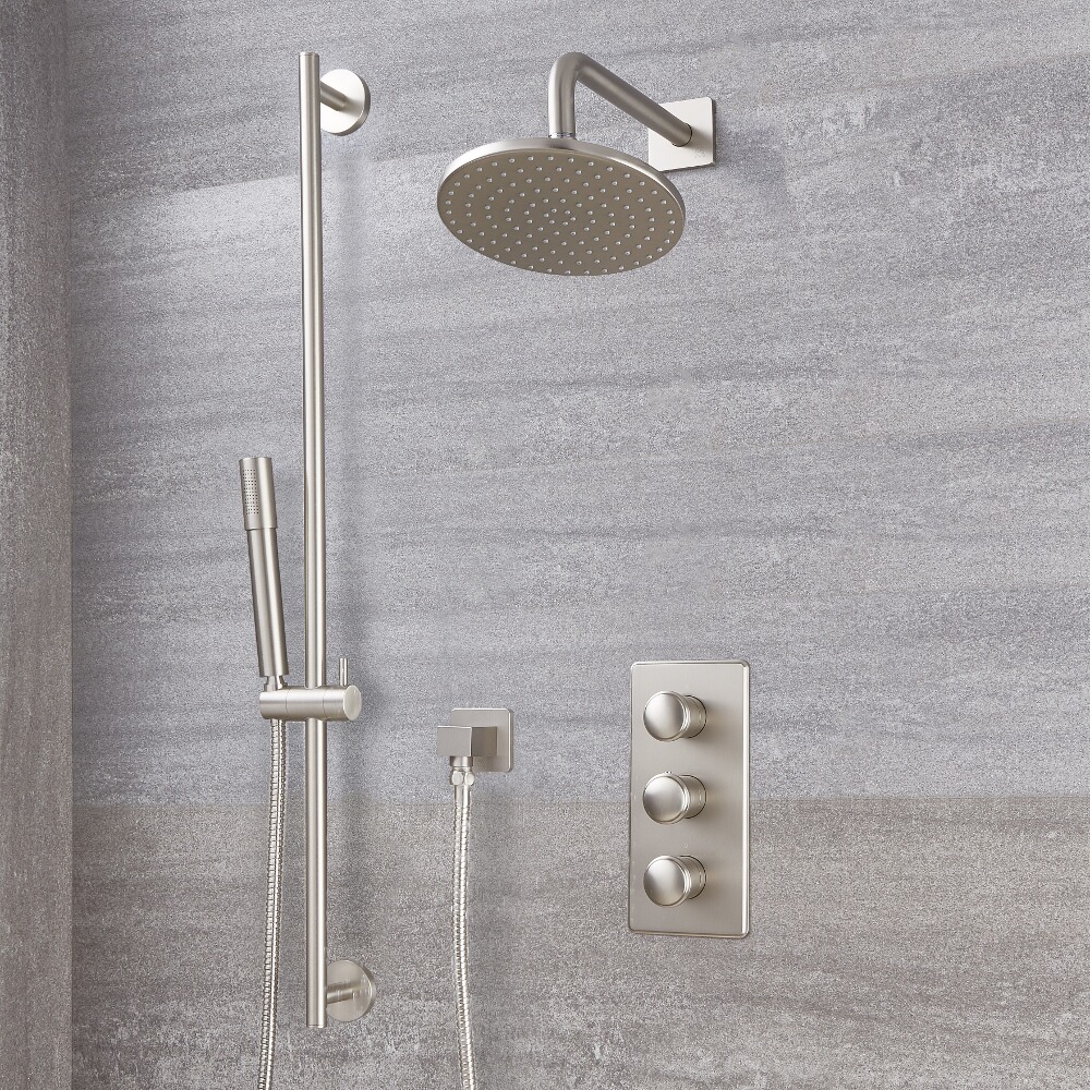 Conjunto de Ducha con Mezclador de Ducha Termostático Triple de 2 Funciones con Alcachofa Redonda de 200mm con Barra de Ducha Deslizante y Telefonillo de Color Níquel Cepillado - Aldwick