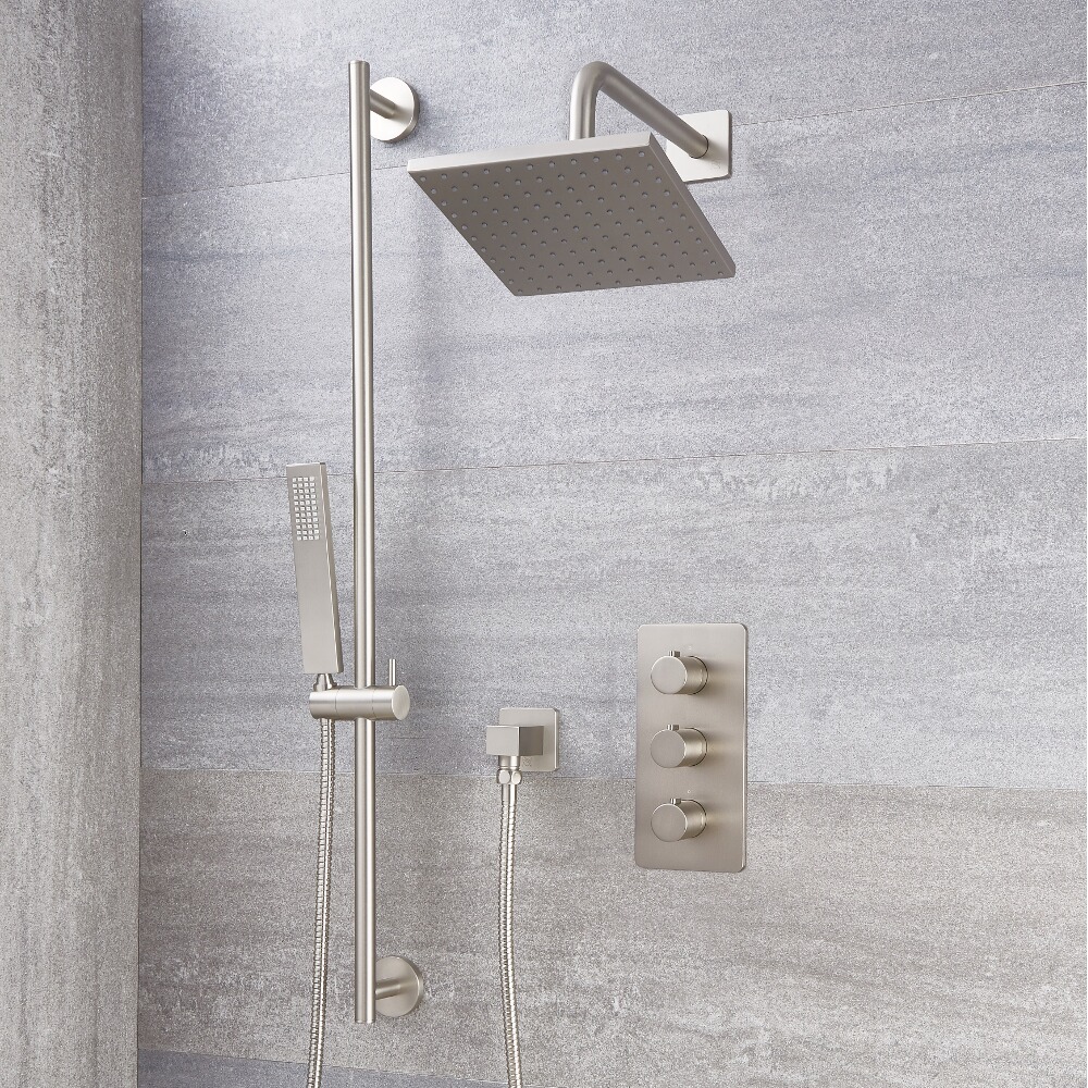 Conjunto de Ducha con Mezclador de Ducha Termostático Triple de 2 Funciones con Desviador, Alcachofa Cuadrada de 200mm y Barra de Ducha Deslizante con Telefonillo de Color Níquel Cepillado - Harting