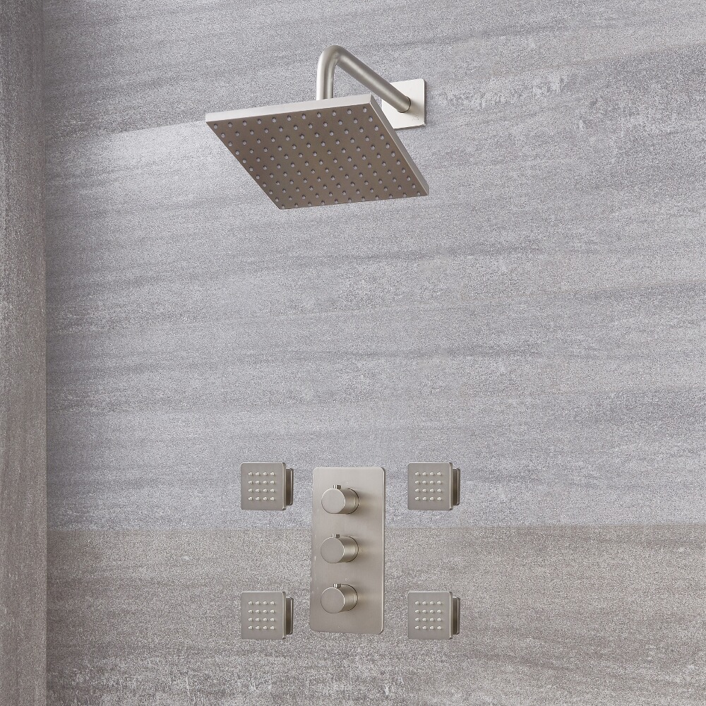Conjunto de Ducha con Mezclador de Ducha Termostático Triple de 2 Funciones con Alcachofa de Ducha Cuadrada de 200mm y Jets de Ducha de Color Níquel Cepillado - Harting