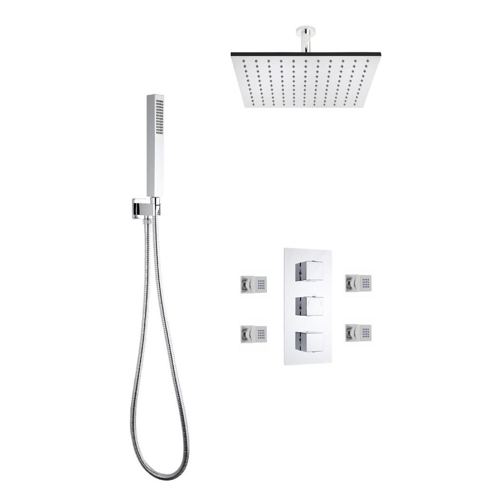 Conjunto de Ducha Termostático de 3 Funciones con Desviador, Alcachofa de 400mm con Brazo, Ducha de Mano y Jets de Ducha