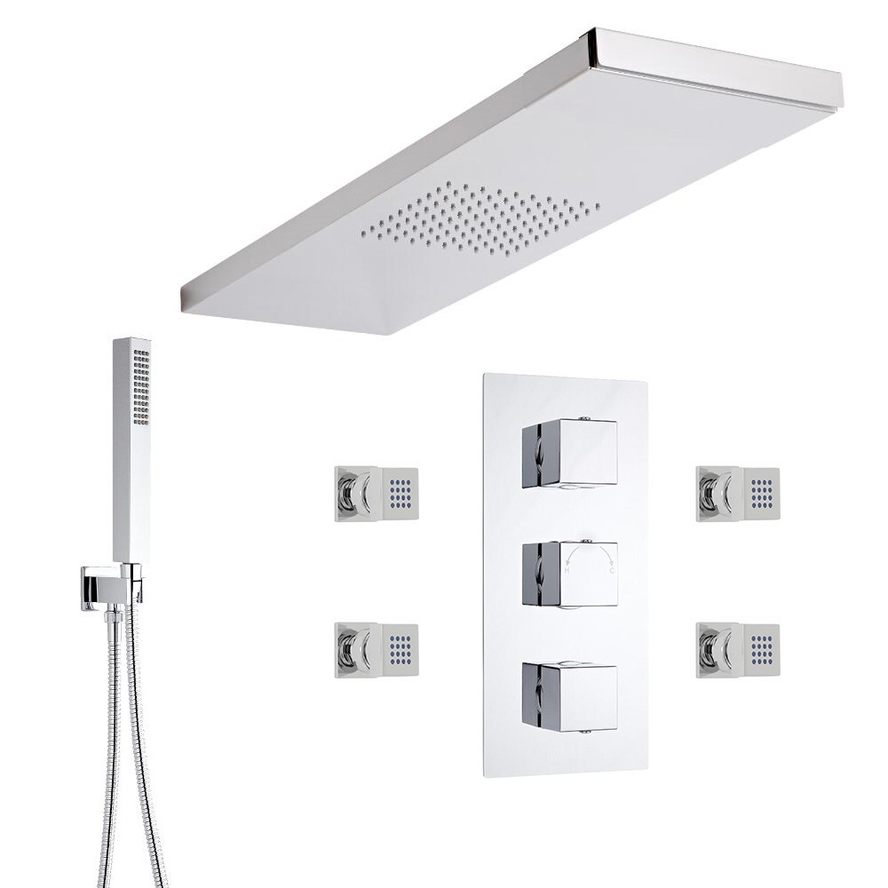 Conjunto de Ducha Termostático de 3 Funciones con Jets, Ducha de Mano y Selección de entre 3 Alcachofa para Pared de Ducha