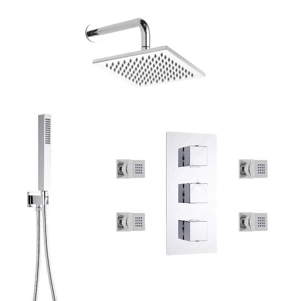Conjunto de Ducha Termostático de 3 Funciones con Alcachofa Empotrable de 200x200mm, 4 Jets y Ducha de Mano