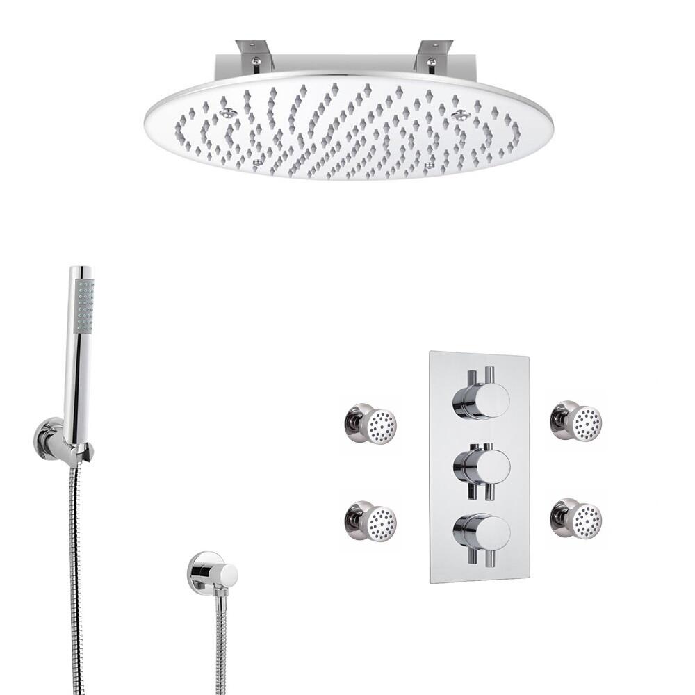 Conjunto de Ducha Termostático Triple de 3 Funciones con Alcachofa de Ducha Empotrable de 400mm, Jets de Ducha y Telefonillo