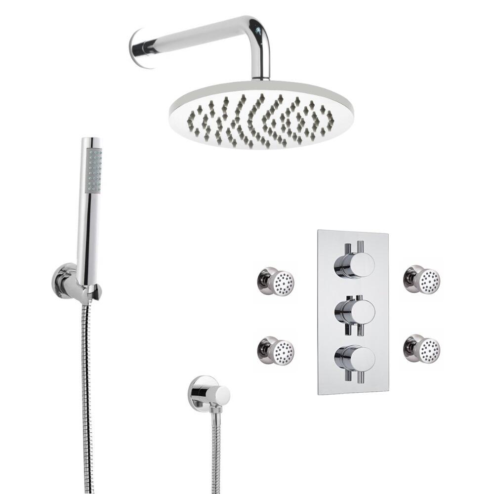 Conjunto de Ducha Termostático Triple con Alcachofa Redonda de 200mm, Brazo de Ducha Mural, Ducha de Mano y Jets