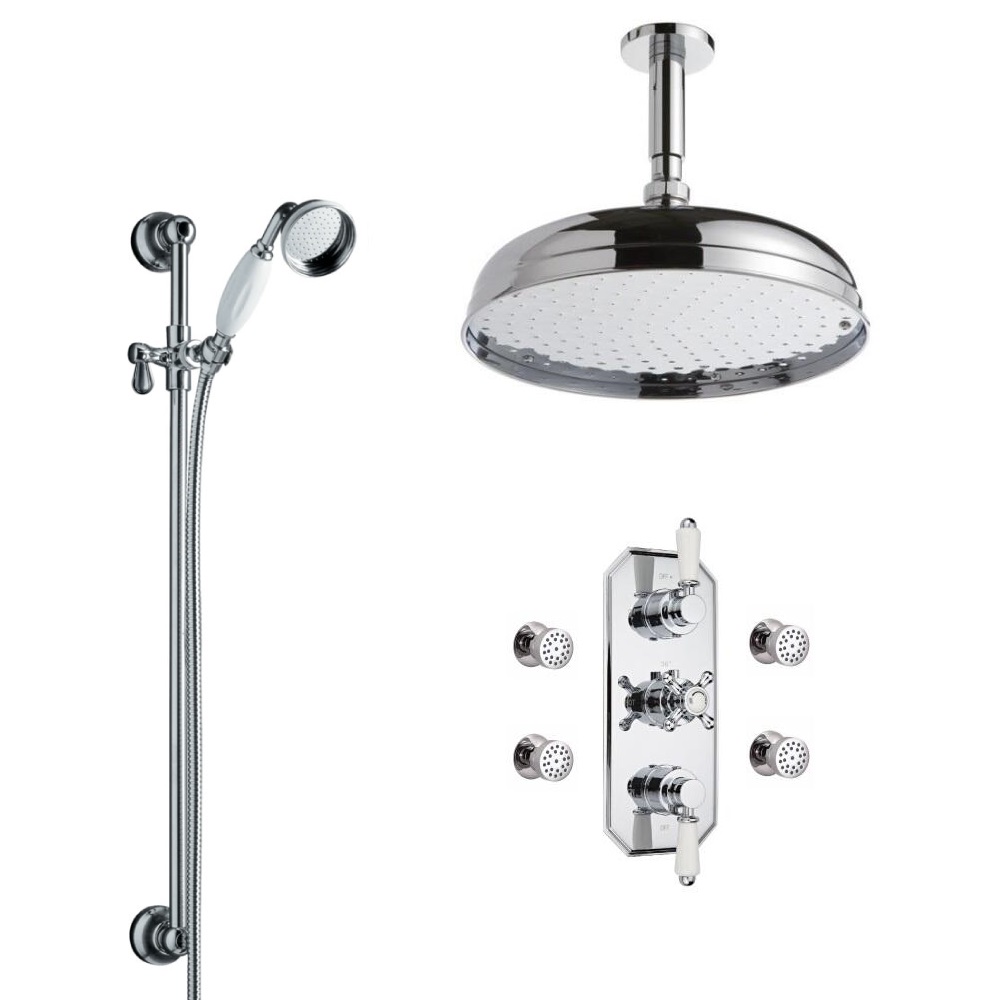 Conjunto de Ducha Termostático Tradicional Triple de 3 Funciones con Alcachofa de 300mm, Brazo de Ducha y Barra de Ducha Deslizante con Telefonillo y Jets de Ducha
