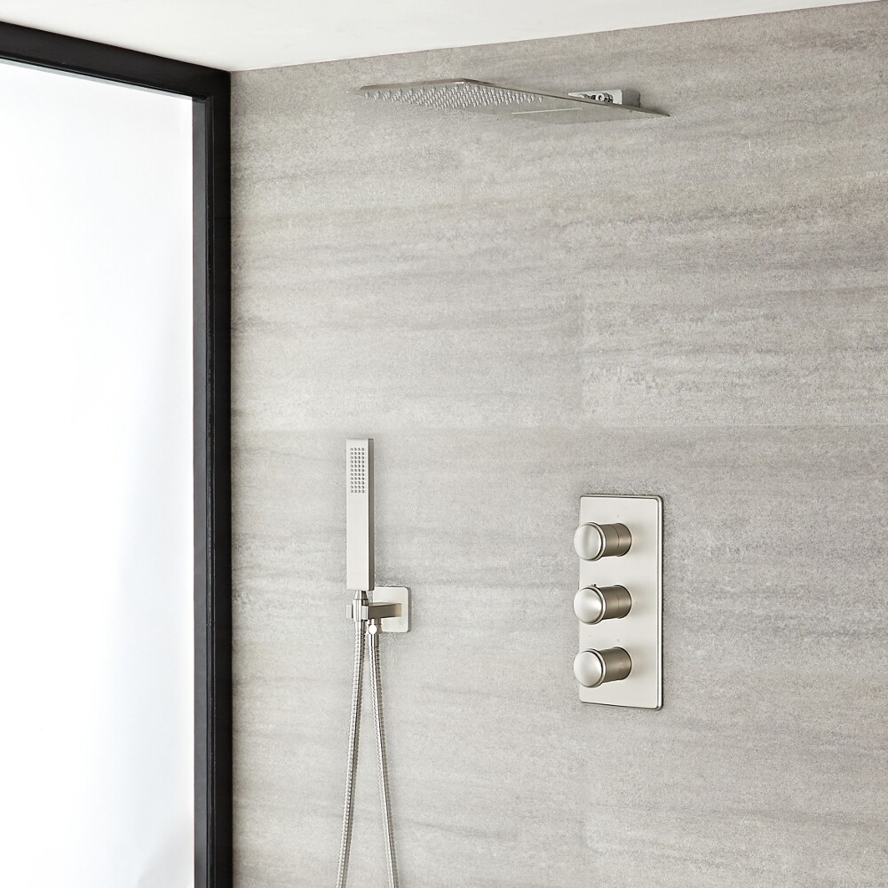 Conjunto de Ducha con Mezclador de Ducha Termostático de 3 Funciones con Desviador, Alcachofa de 2 Funciones y Telefonillo de Color Níquel Cepillado - Aldwick