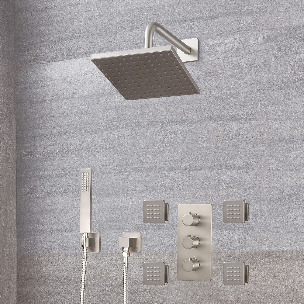 Conjunto de Ducha con Mezclador de Ducha Termostático Triple de 3 Funciones con Alcachofa de Ducha Cuadrada de 200mm, Telefonillo y Jets de Ducha de Color Níquel Cepillado - Harting