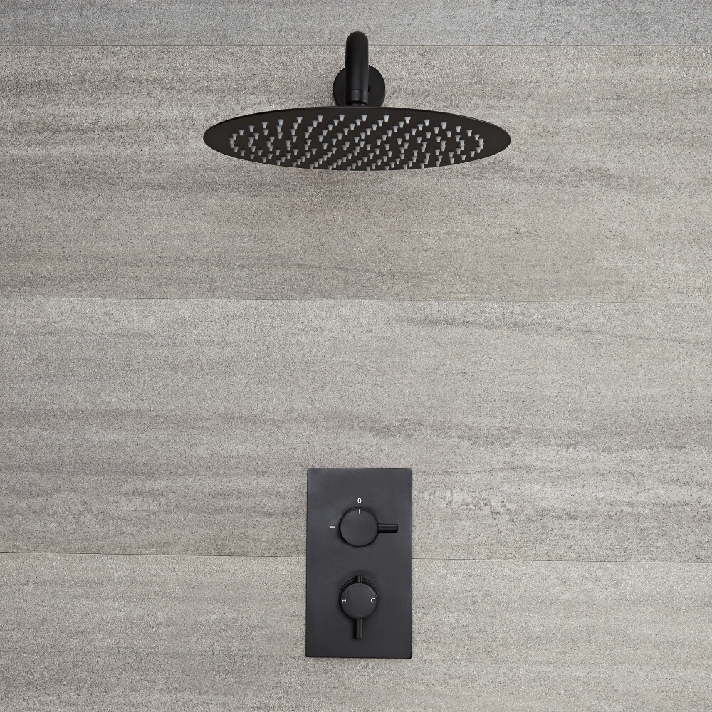 Llave de Ducha Termostática Empotrable de 1 Función Negra con Alcachofa de Ducha Redonda de 300mm y Brazo de Ducha - Nox
