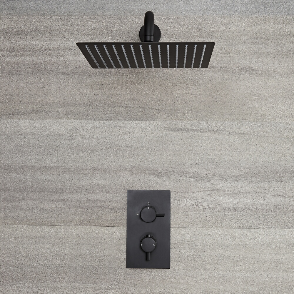 Llave de Ducha Termostática Empotrable de 1 Función Negra con Alcachofa de Ducha Cuadrada de 300x300mm y Brazo de Ducha - Nox